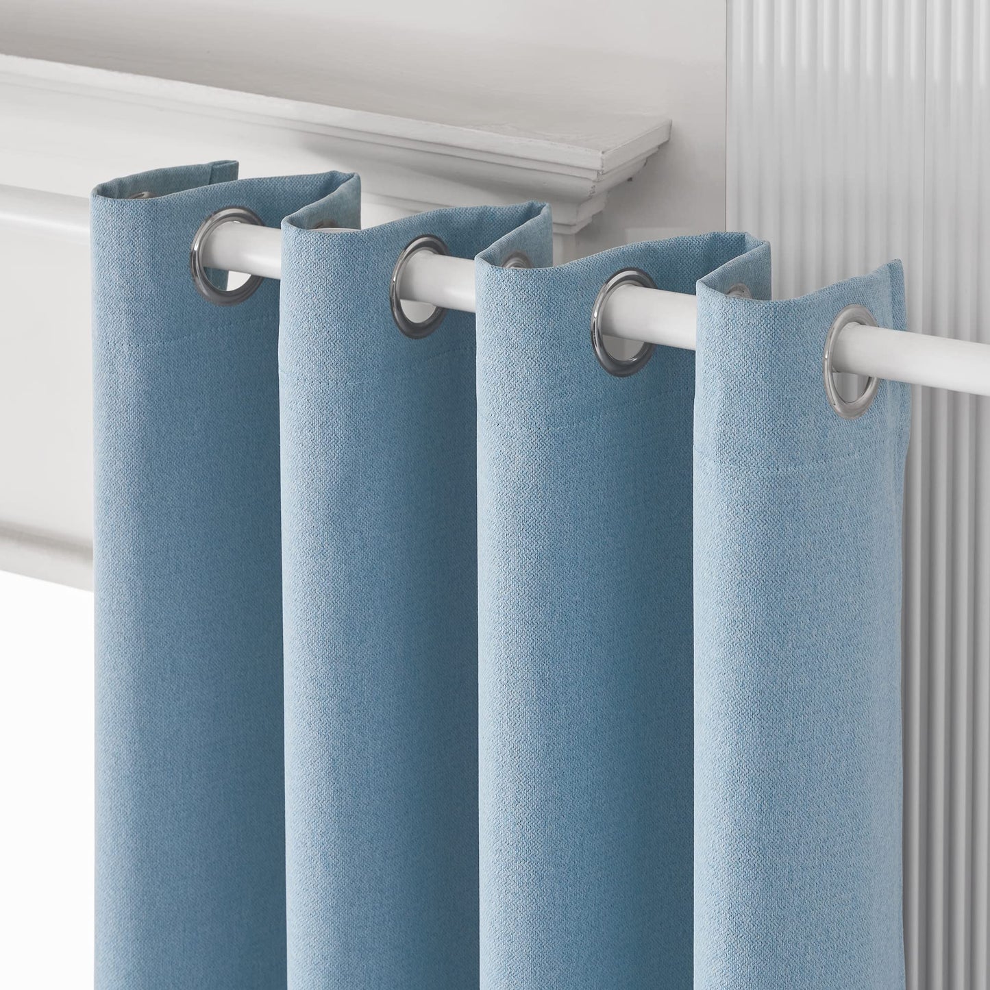 Sanceor Blackout Extra Long Faux Linen Curtain 12ft Length,Grommet on Top, 2 Story House Drapery for High Ceiling,Tall Window,Great Room(Light Blue,1 Panel,52 x 144 Inch)