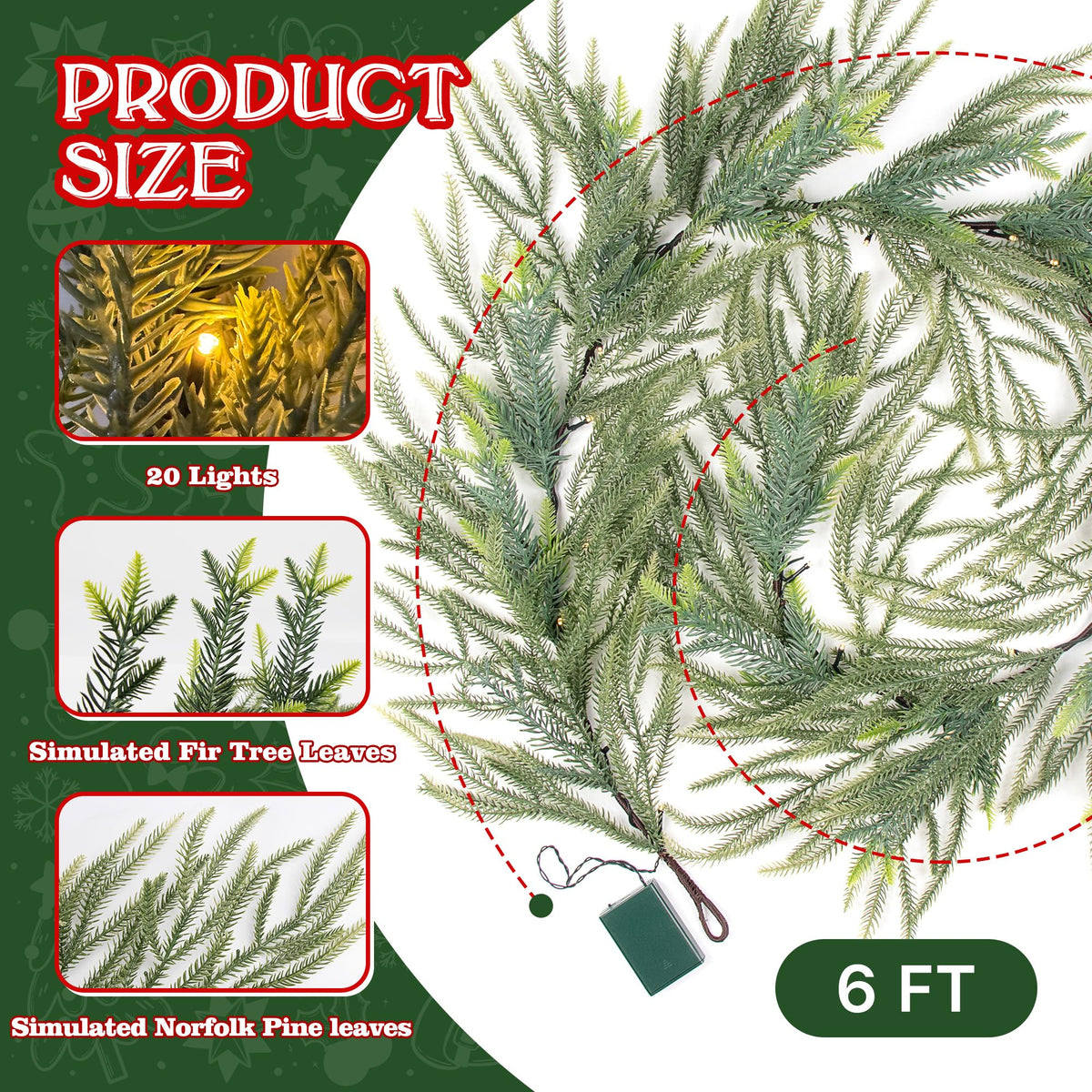 MINDELF 6 FT Artificial Christmas Norfolk Pine Garland, Real Touch Pine Garland with 20 LED Lights, Mixed with Noble Fir, ‌Heavier and Larger, Timer, Perfect for Table Window Mantel Indoor Outdoor