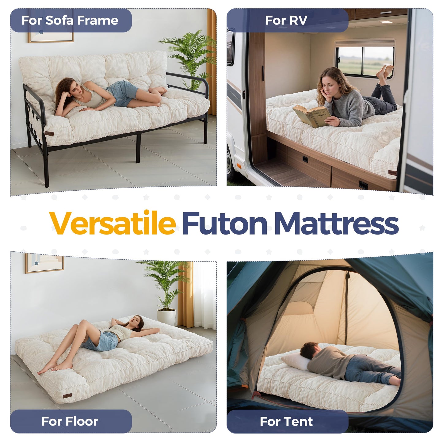 MAXYOYO 6" Futon Mattress Full Size, Tufted Futons Sofa Couch with Twisted Rope Design Edging, Thick Corded Fabric Floor Mattress for Adults, Shredded Foam Filling (Frame Not Included), Beige
