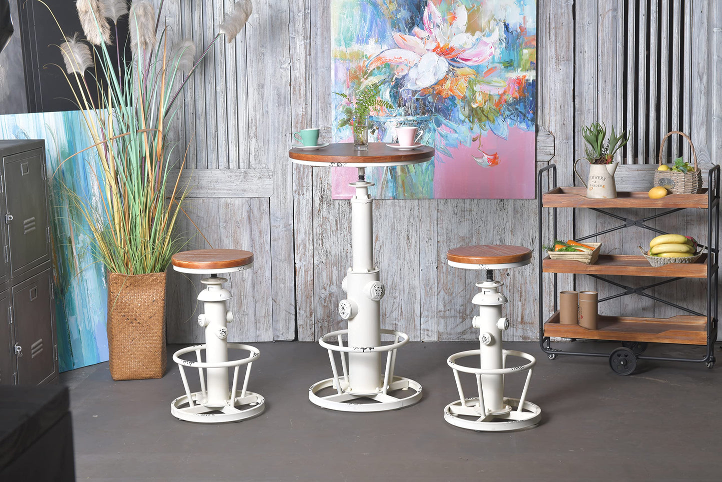 Topower Aged Antique Industrial Round Bottom Adjustable Height Cafe Coffee Retro Vintage Stylish Water Pipe Design Pub Kitchen Bar Stool (Antique White, Wooden Top)