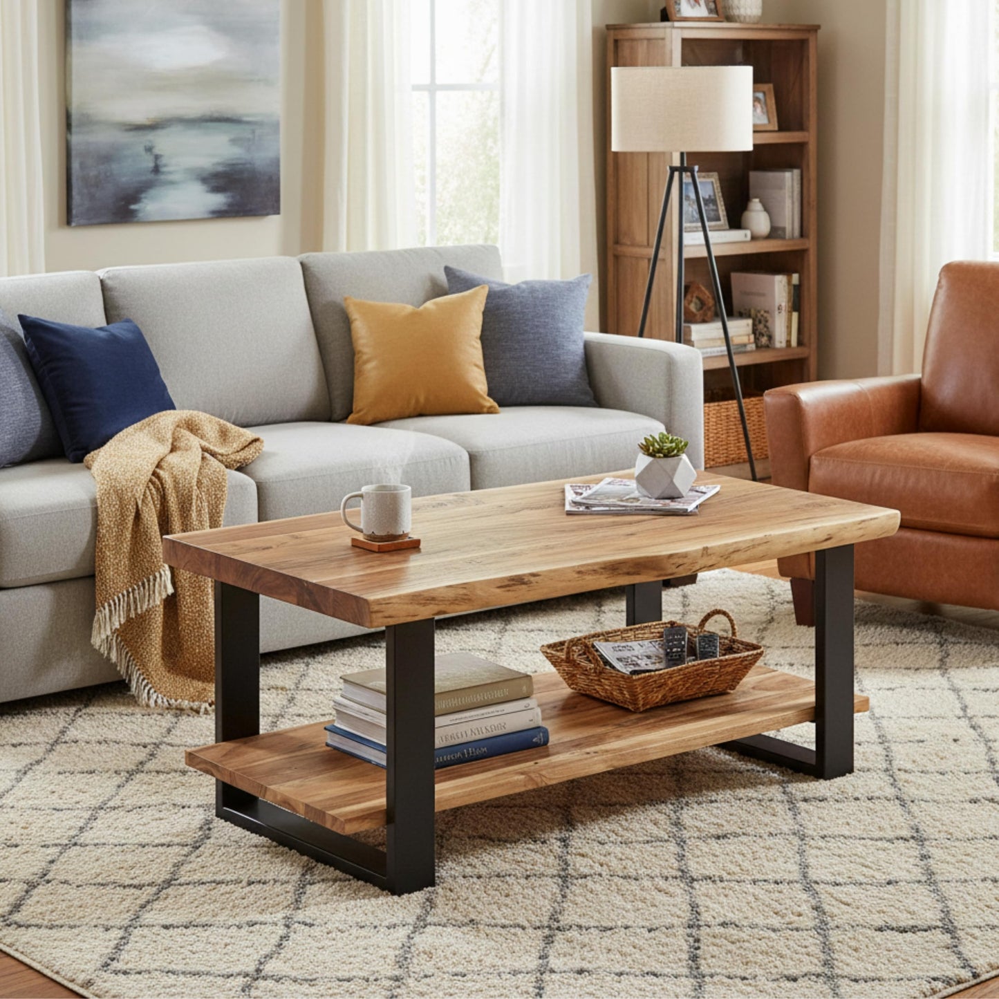 Alaterre Furniture Alpine 2-Tier Live Edge Coffee Table – 42" Solid Acacia Wood with Natural Finish, Lower Shelf Storage and Metal Frame – Rustic Industrial Style for Living Room or Home Office