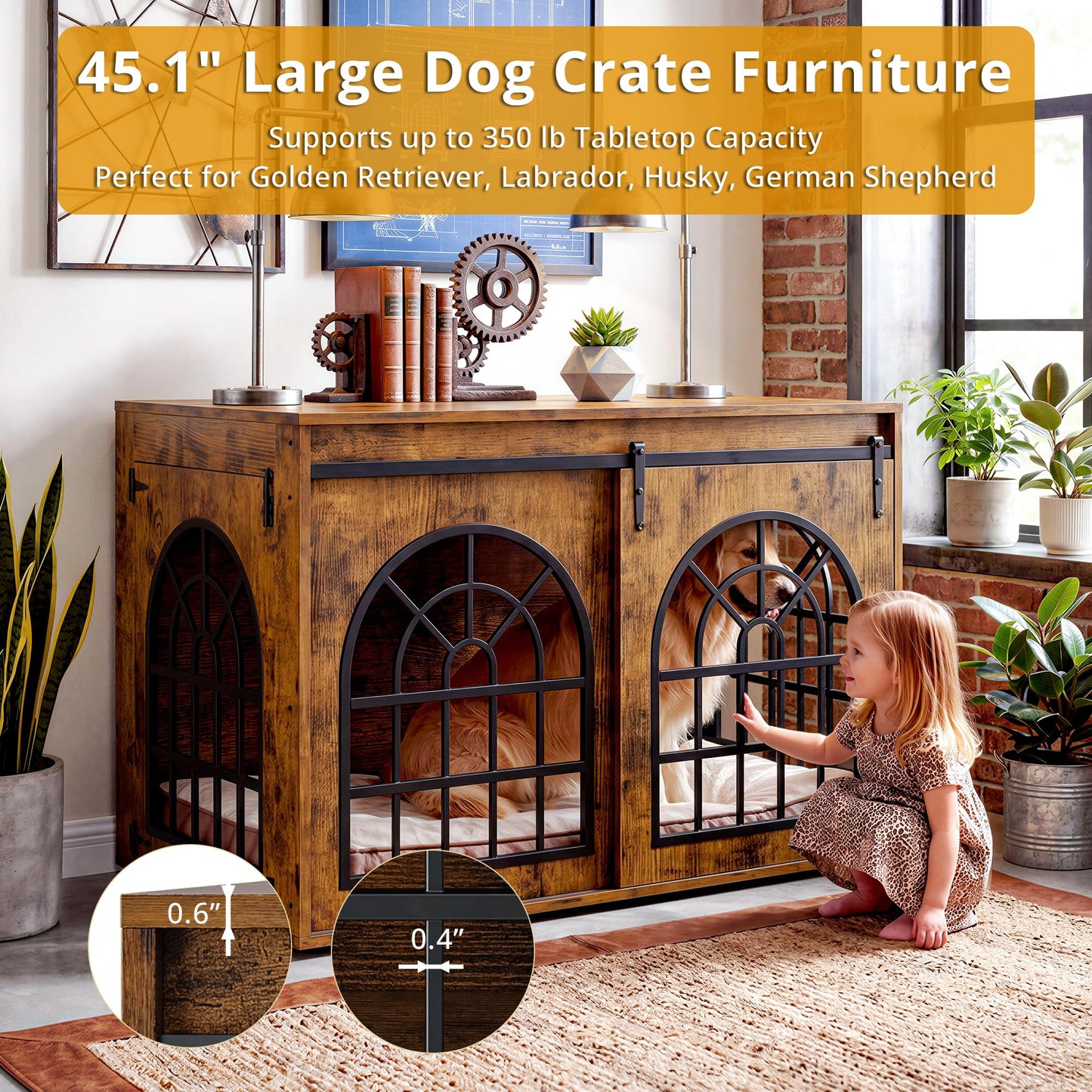 IRONCK 45.1" Dog Crate Furniture with Sliding Barn Door – Mid-Century Modern Wooden Dog Kennel, 2-in-1 TV Stand & Console Table with 3 Hooks, Chew-Resistant, Brown