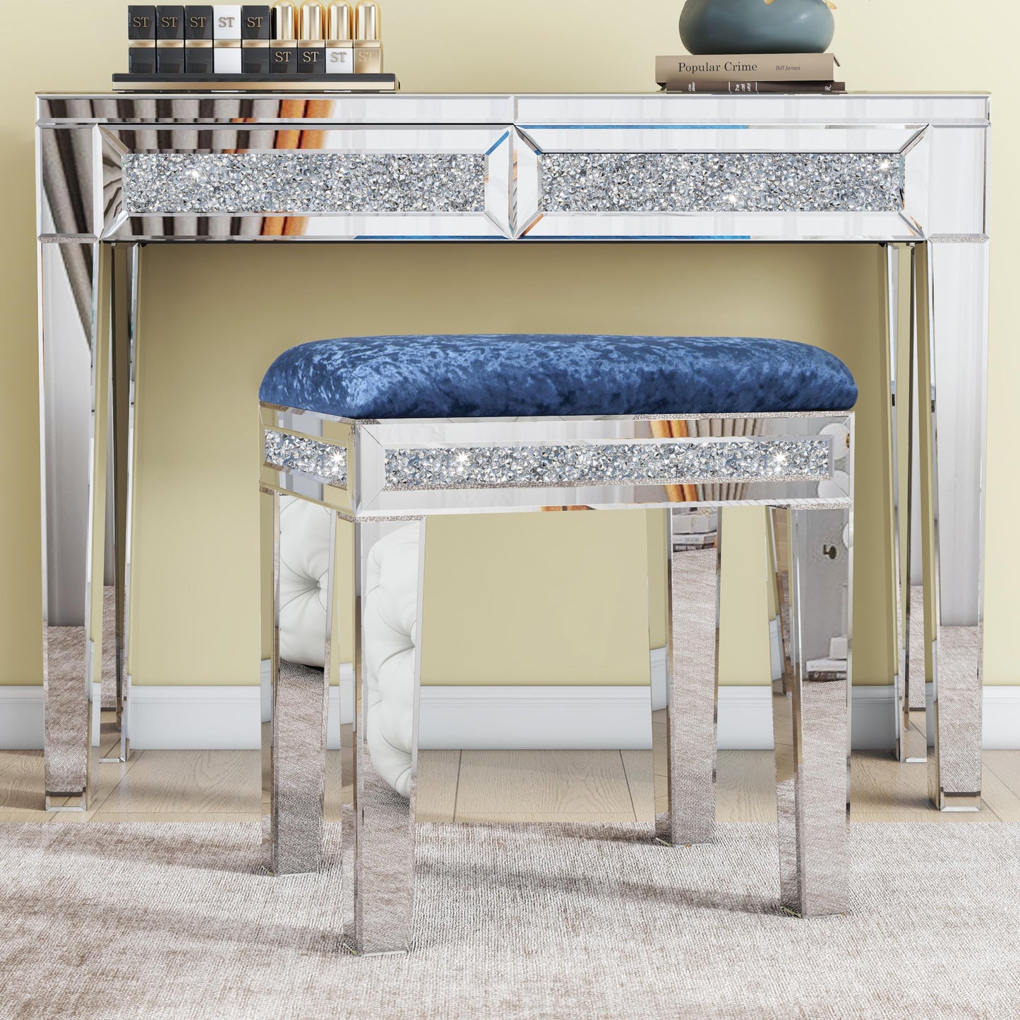 blingworld Mirrored Vanity Stool with Crushed Diamond Inlay Velvet Cushion 19.7'' Tall Stylish Makeup Chair for Bedroom, Vanity Chair, Ottoman for Living Room,Blue