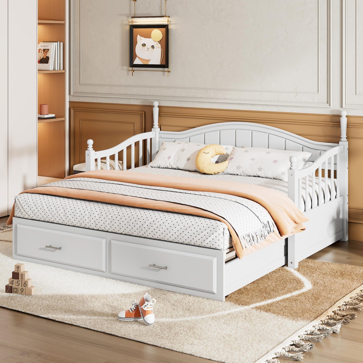 YSWH Twin Size Extendable Daybed, Wood Day Bed Frame with 2 Storage Drawers and Twin Size Trundle, Multifunctional Extendable Bed for Kids Adults, Bedroom Furniture Storage Platform Bed (White)