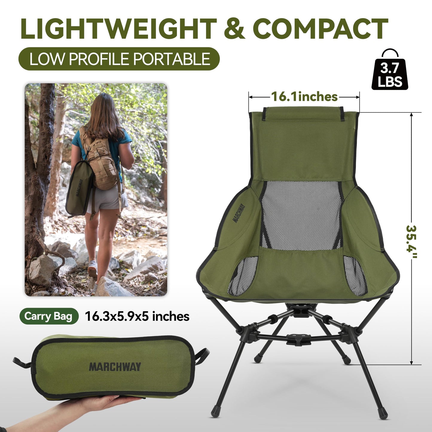 MARCHWAY Lightweight Folding High Back Camping Chair with Head Support, Stable Portable Compact for Outdoor Camp, Travel, Beach, Picnic, Festival, Hiking, Backpacking (Highback Green)