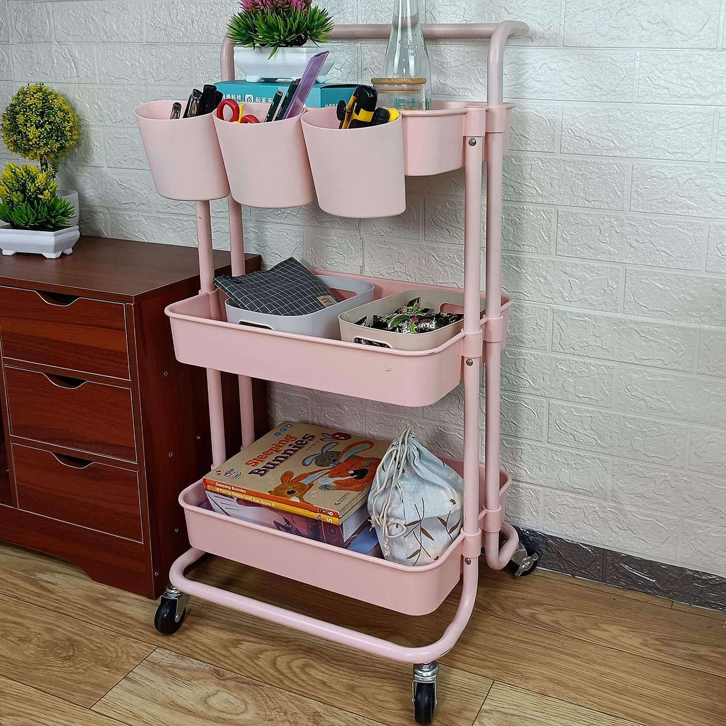 Freletry 3 Tier Utility Rolling Cart Storage Organizer Shelf Rack with 6PCS Hanging Cups for Home Office Kitchen Bathroom Storage (Pink)