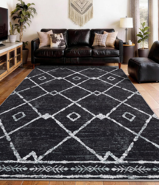 YIHOUSE Moroccan Rugs for Living Room, 6x9 Black and White Aztec Area Rug, Western Geometric Soft Low-Pile Washable Rugs for Bedroom, Dining Room