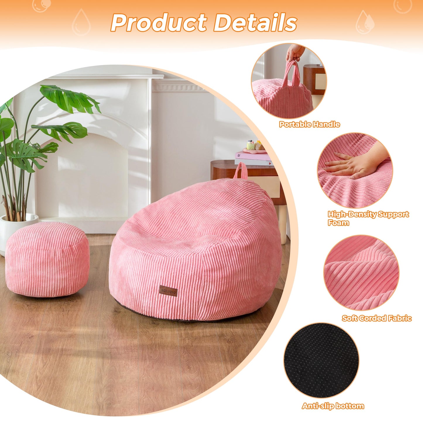 MAXYOYO Kids Bean Bag Chair with Ottoman, Soft Plush Bean Bag Sofa with Removable Cover for Boys and Girls, Convenient Floor Seat with Handle, Comfy Toddler Lounge Chair for Playroom, Bedroom, Pink