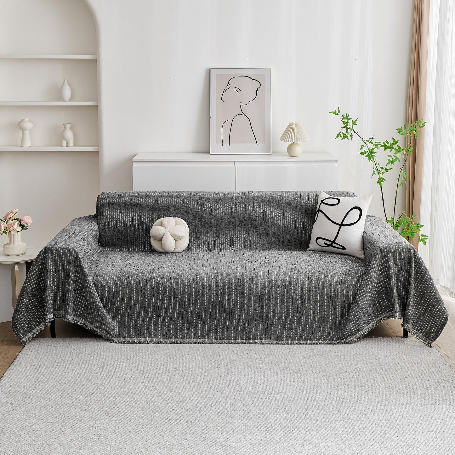 MYSKY HOME Couch Covers for Sofa, Dog Couch Cover Protector, Dark Grey Lines Sofa Covers for Sectional L Shape, Pets Couch Throw Cover Washable Durable Large Couch Cover for Dogs, Cats, 91"X118"