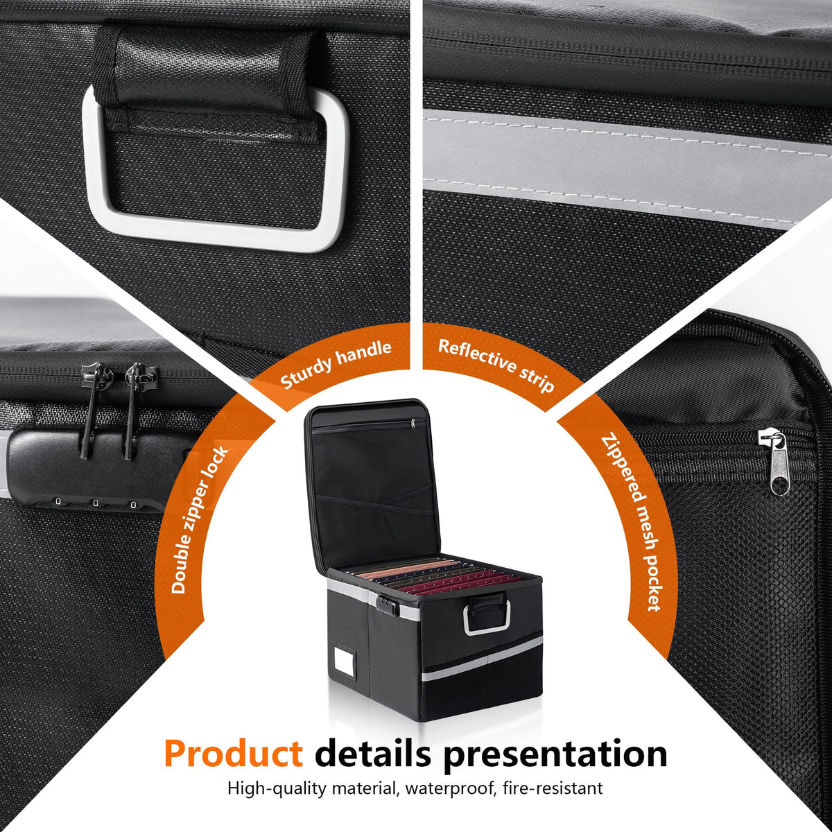 Ekunivers Fireproof Waterproof Document Box with Lock Collapsible Portable File Organizer Hard Shell Storage for Hanging Letter Legal Folders Home Office Safe Black 15.7x11.2x10.2in