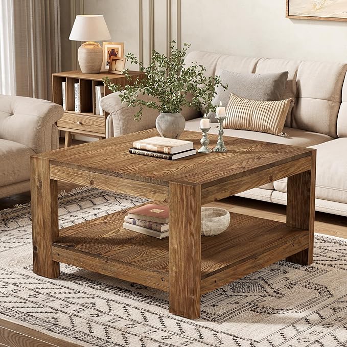 Solid Wood Coffee Table, 31.5" Square Farmhouse Center Table