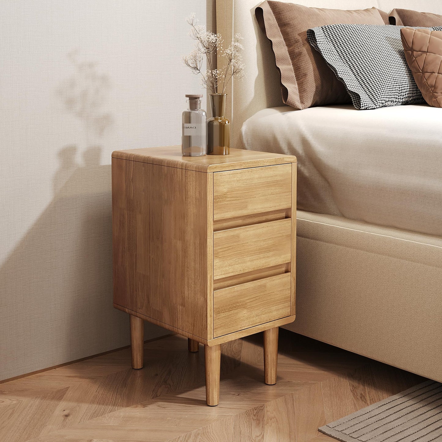 Nightstand with 3 Drawers Narrow Night Stand Solid Wood Bedside Table Mid Century Modern Nightstand Wooden End Table for Bedroom, Study, Office