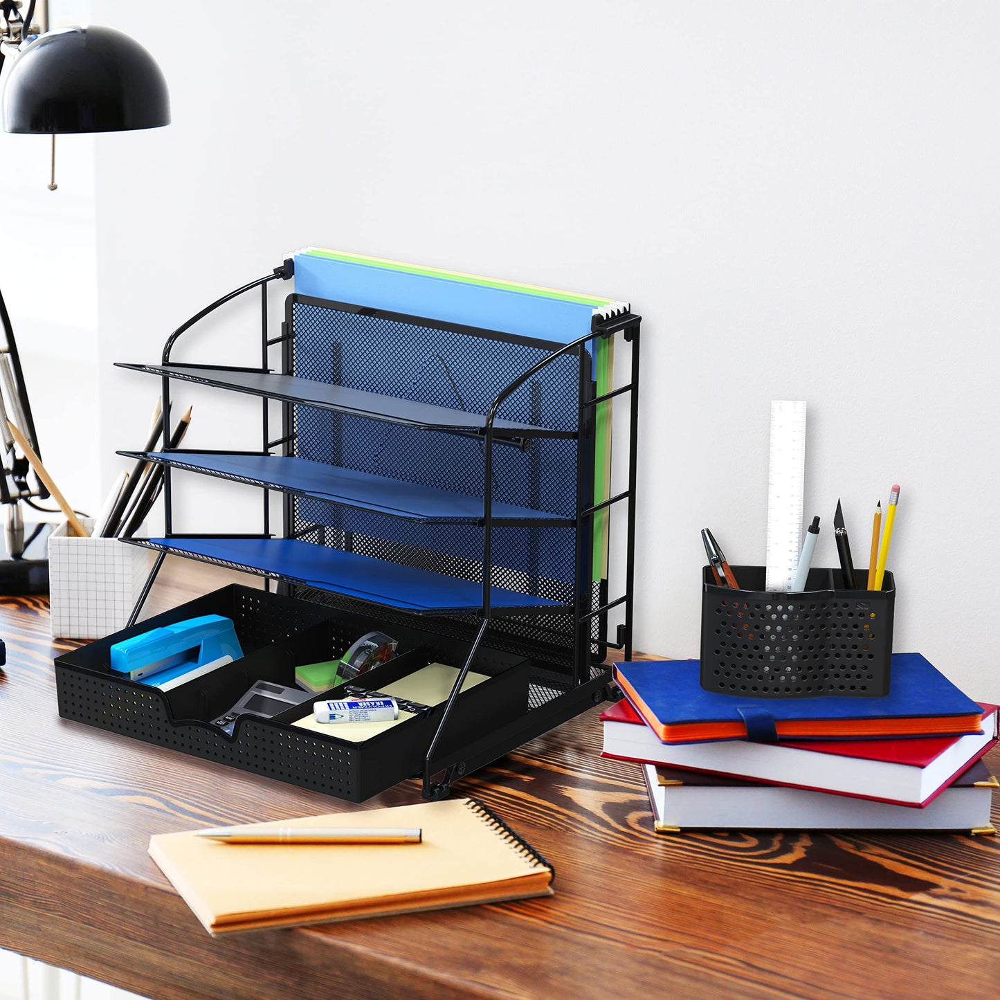 Simple Houseware Desktop Document Tray Organizer with Sliding Drawer, Caddy, Hanging File Section, Black
