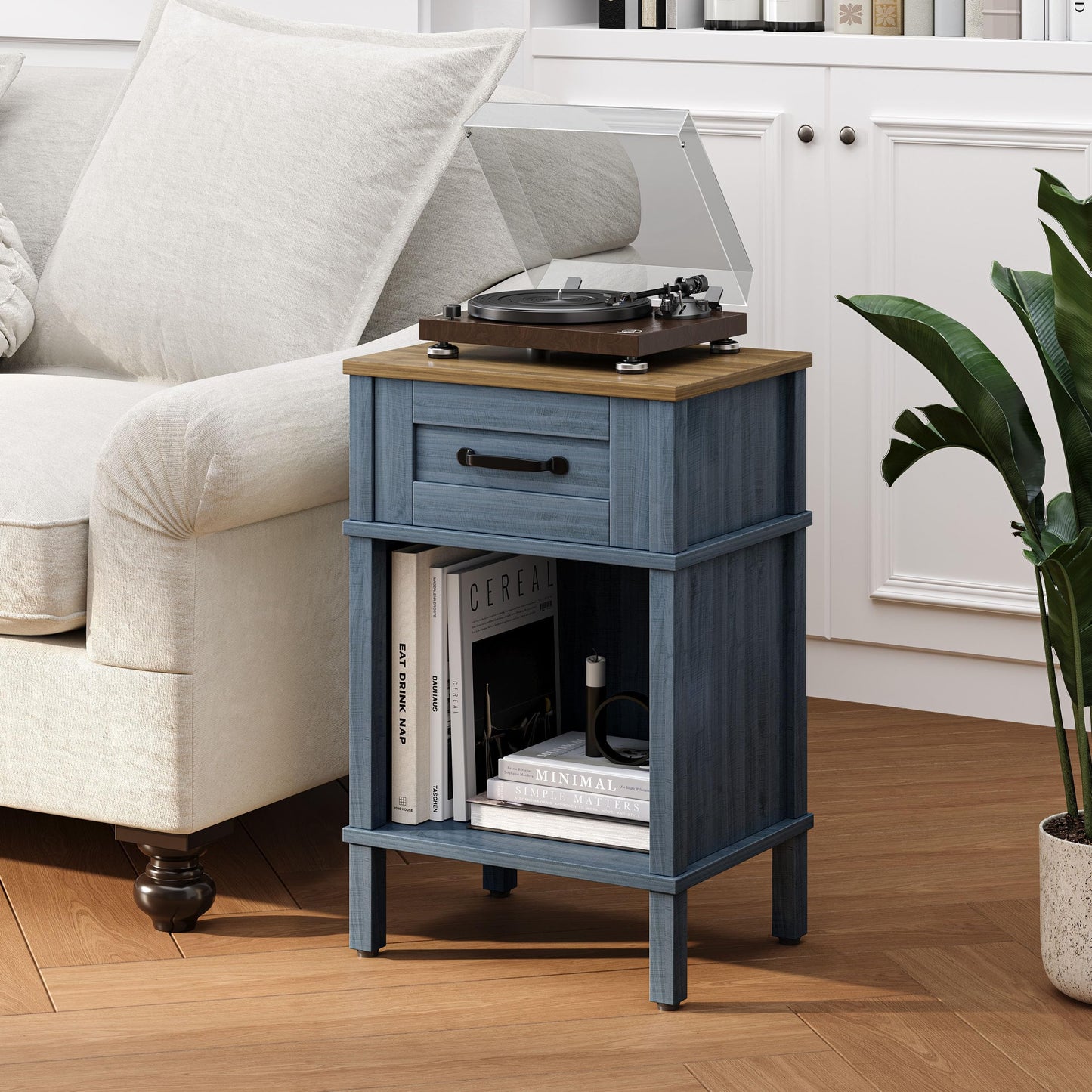 YAUKTAK Small Farmhouse Nightstand, Wood Night Stand Set, End Table with Drawer, Small Rustic Wooden Bedside Table, Bed Side Table for Bedroom, Blue end Table with Storage for Bedroom LET512LR