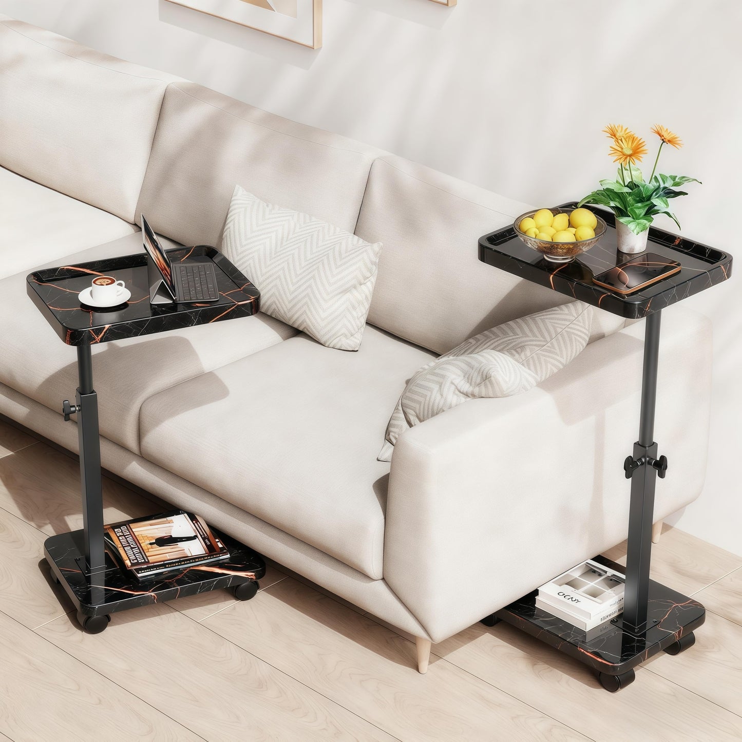 SJIE C Table End Table Adjustable Height, 360°Swivel TV Tray Table for Small Spaces, Side Tables with Wheels for Living Room and Bedroom, Bed (Black-15.7 x 11.8 inches)