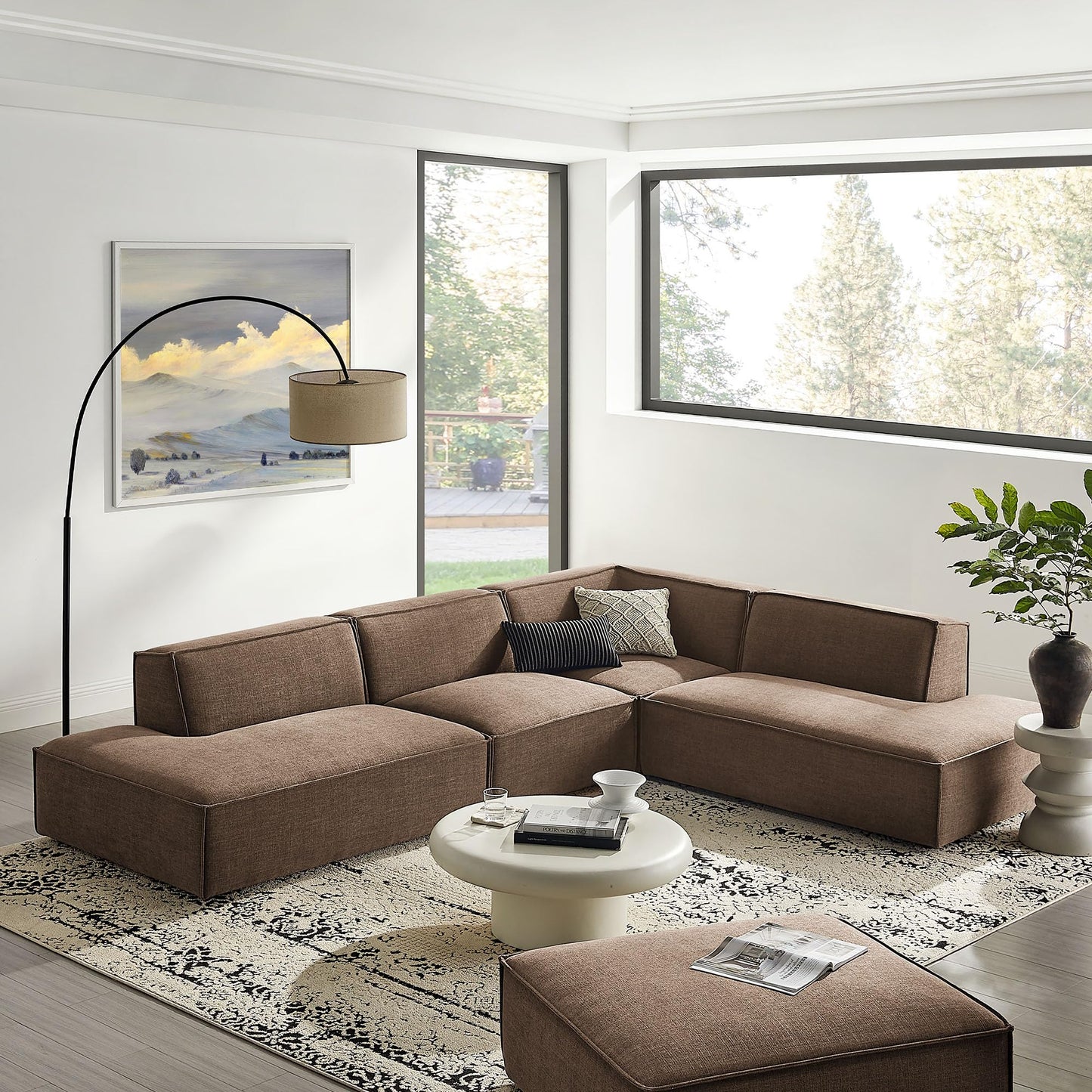 Modway Restore Performance Fabric Upholstered 4-Piece Modular L-Shaped Armless Sectional Sofa in Mocha – Low Profile Couch with Coil Seat Support and French Piping
