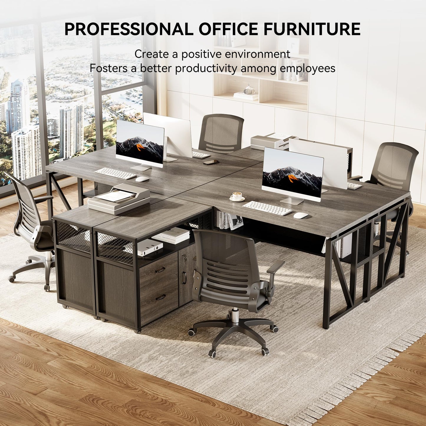 LITTLE TREE 55" Executive Computer Desk and Lateral File Cabinet, L-Shaped Office Desk with Storage for Home Office, Study Writing Workstation, Walnut + Black