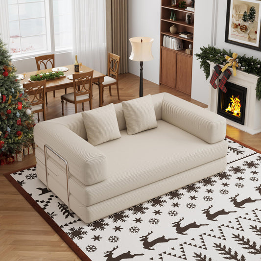 59.0 Inch Convertible Sofa Bed, 4-in-1Futon Sofas Bed Pull Out Sleeper Couch, Modern Deep Seat Sofa for Living Room, Corduroy Boneless Couches for Bedroom, Apartment, No Assembly Beige, 2 Seat
