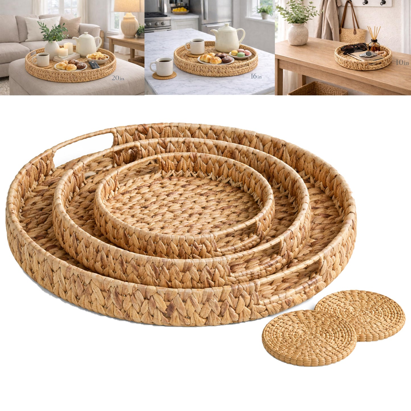 Extra Large Round Ottoman Tray Set of 3 (20", 16", 10")–Water Hyacinth Rattan Wicker Coffee Table Tray with Handles, Oversized Serving Tray for Kitchen Island, Dining Table, Entryway, Bedroom Decor