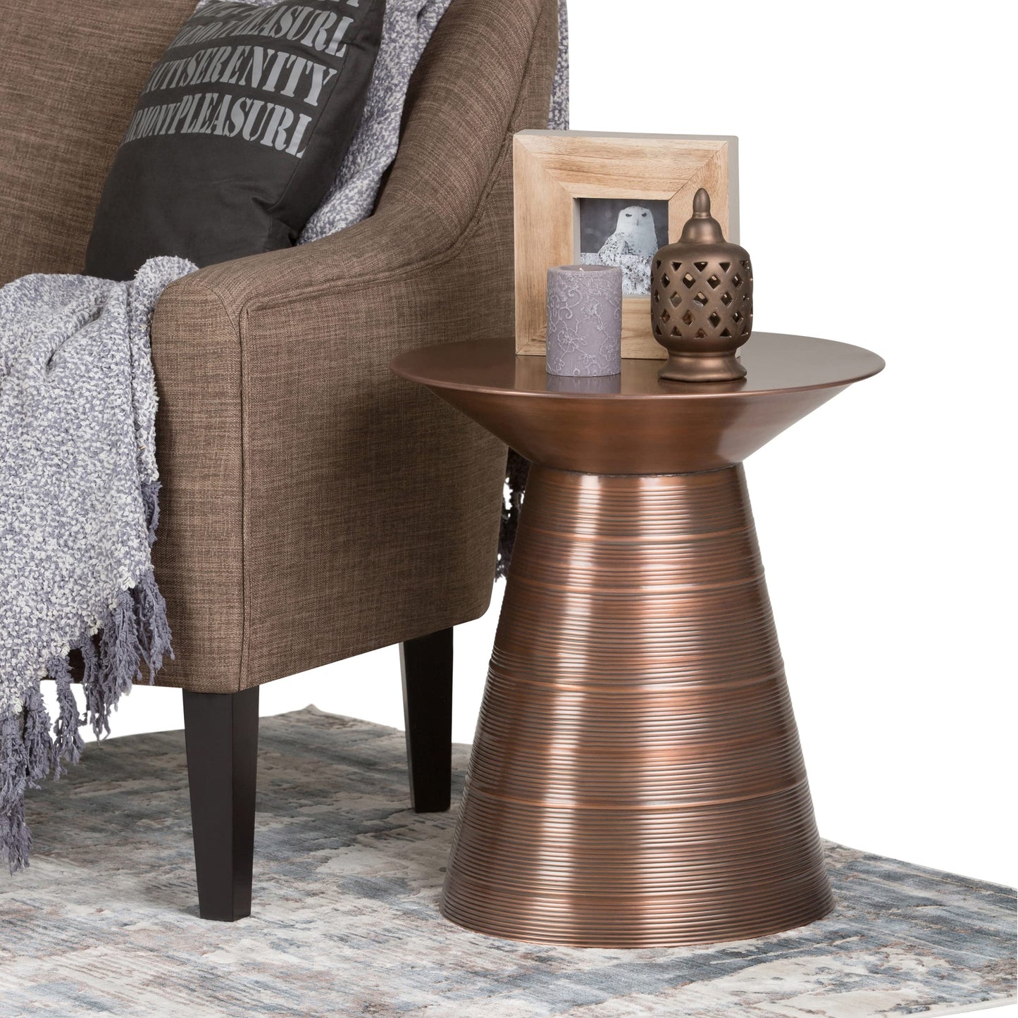 SIMPLIHOME Sheridan Metal Table - 18" Wide x 20" High Solid Metal Round Side Table in Aged Copper, Industrial Accent Table for Living Room, Bedroom, or Office with Sculptural Design, Assembled