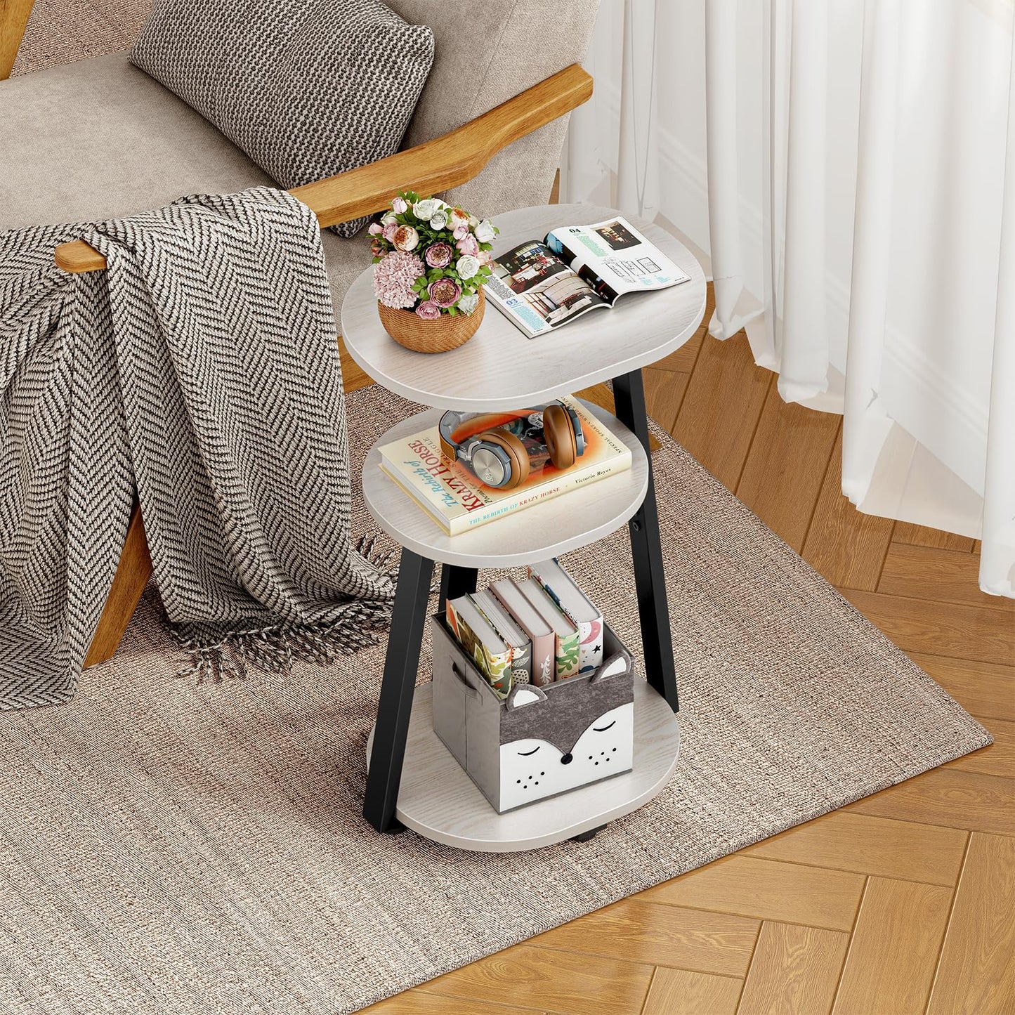 Kalrin Side Table, Small End Table with Metal Frame, 3-Tier Bedside Tables, Round Side Tables for Living Room Bedroom Couch Bathroom, Oval, White Maple
