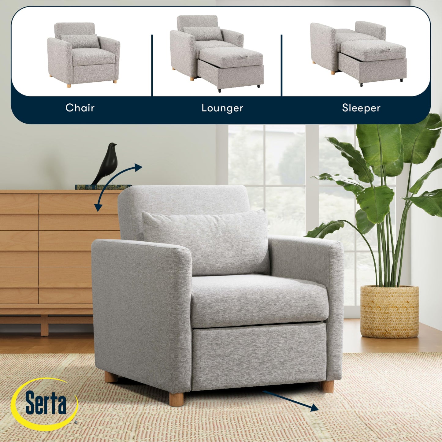 Serta® Corwin 36" Convertible Accent Chair, Dreamcoil® Comfort, FingerGuard® Pinch Point Protection, Woven Polyester Fabric, Light Gray
