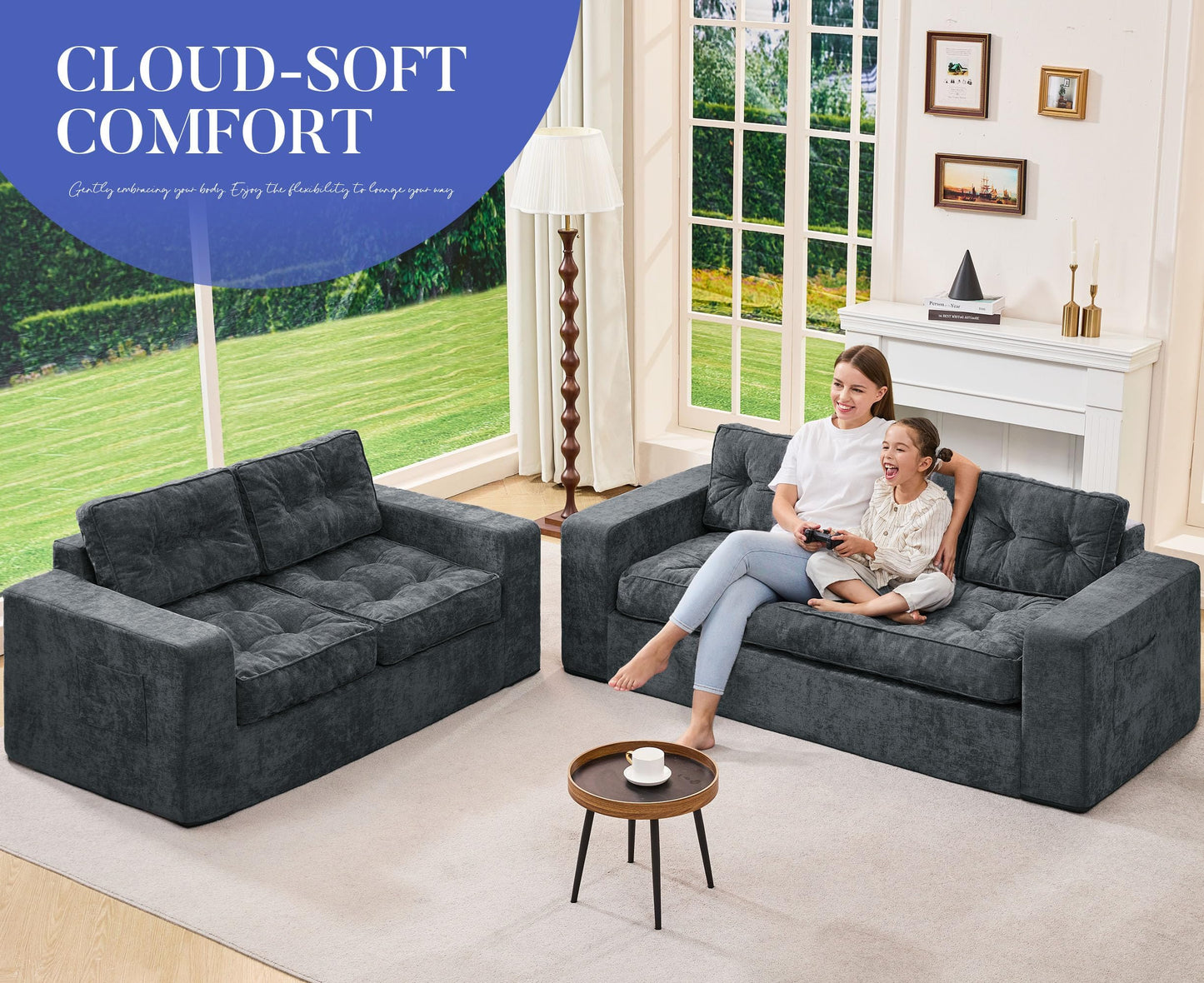 Hobestluk 3-Seater Sofa Boneless Couch with Tufted Button Design 2 in 1 Comfy Cloud Couch Oversized Sofa for Living Room Bedroom Apartment or Office
