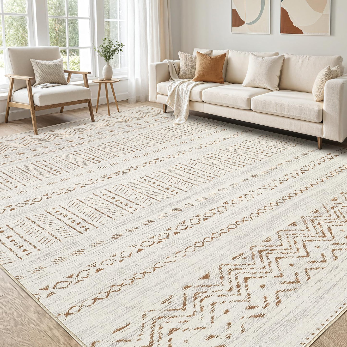 cotiled 5x7 Area Rugs Living Room Rug: Washable Boho Rugs with Non Slip Backing Large Soft Indoor Stain Resistant Carpet for Bedroom Farmhouse Dining Room Lightweight Home Decor Brown/Cream