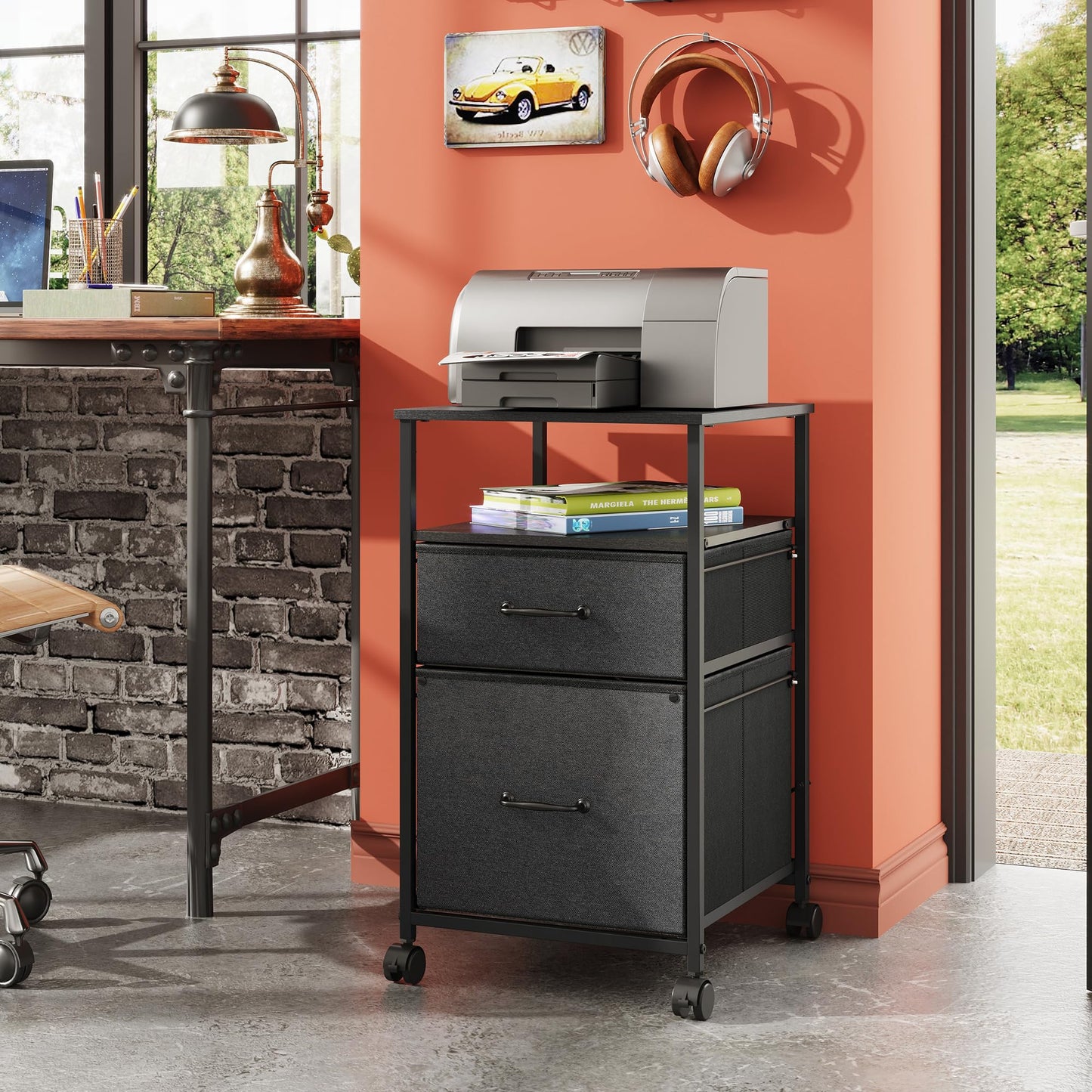 DEVAISE Mobile File Cabinet, Rolling Printer Stand with Open Storage Shelf, Fabric Vertical Filing Cabinet fits A4 or Letter Size for Home Office, Black