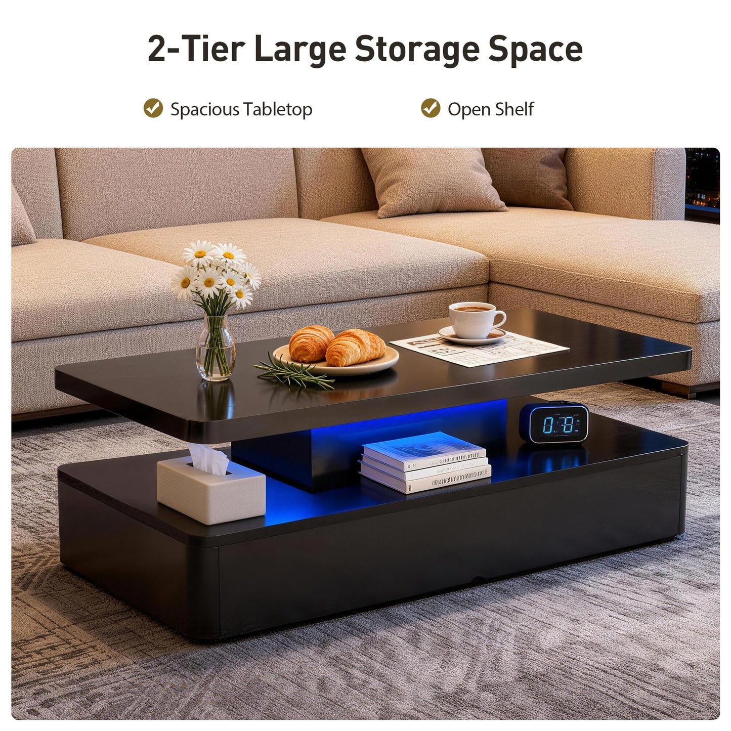 OneBlis 47" Modern Coffee Table with 16 Colors LED Lights, 2 Tier Rectangular Center Table with Large Storage Space, Stylish High Glossy Wooden Tea Tables for Living Room, Bedroom, Home Office, Black