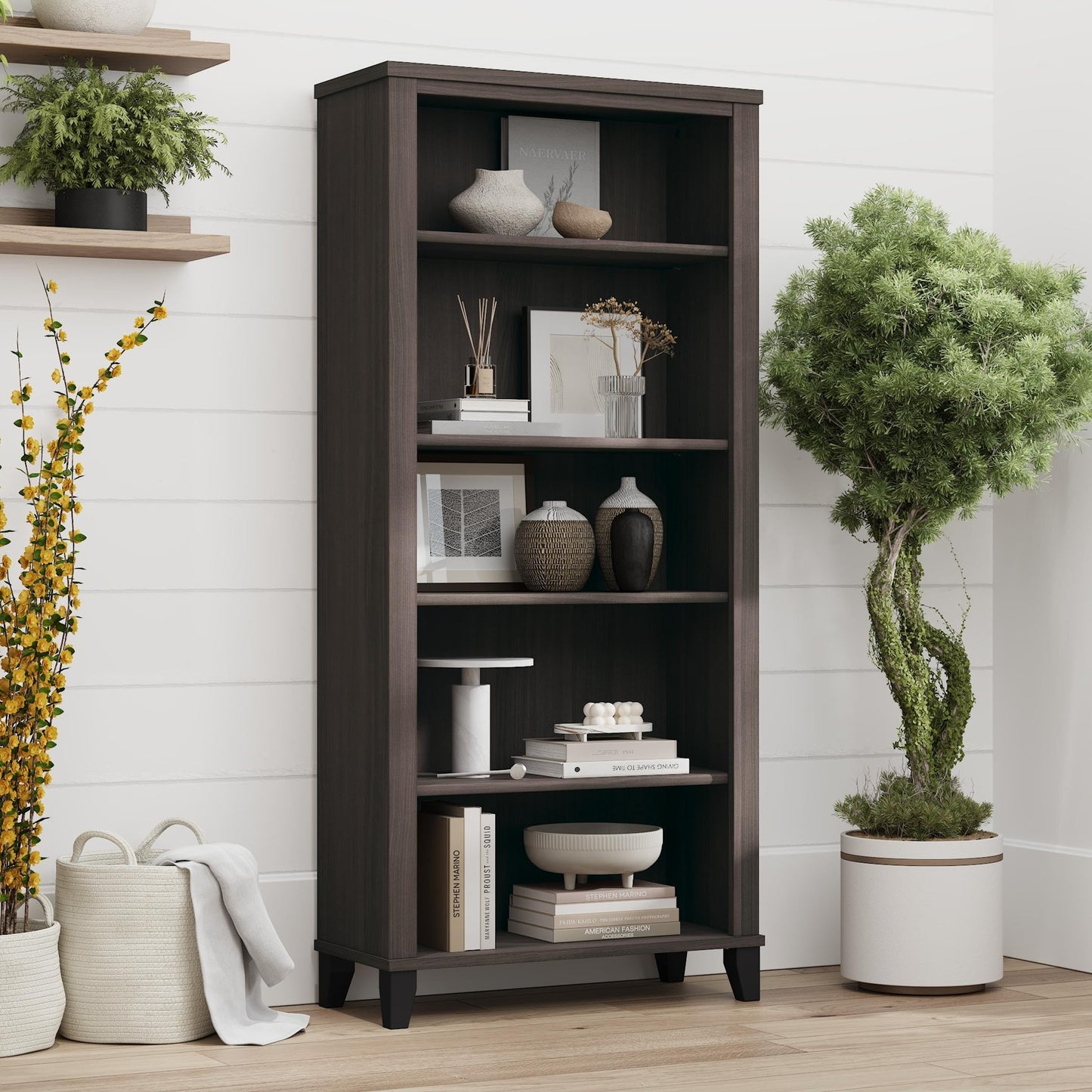 Bush Home Somerset 5 Shelf Bookcase in Storm Gray, Tall Bookshelf, Large Book Shelf for Living Room, Home Office, or Entryway