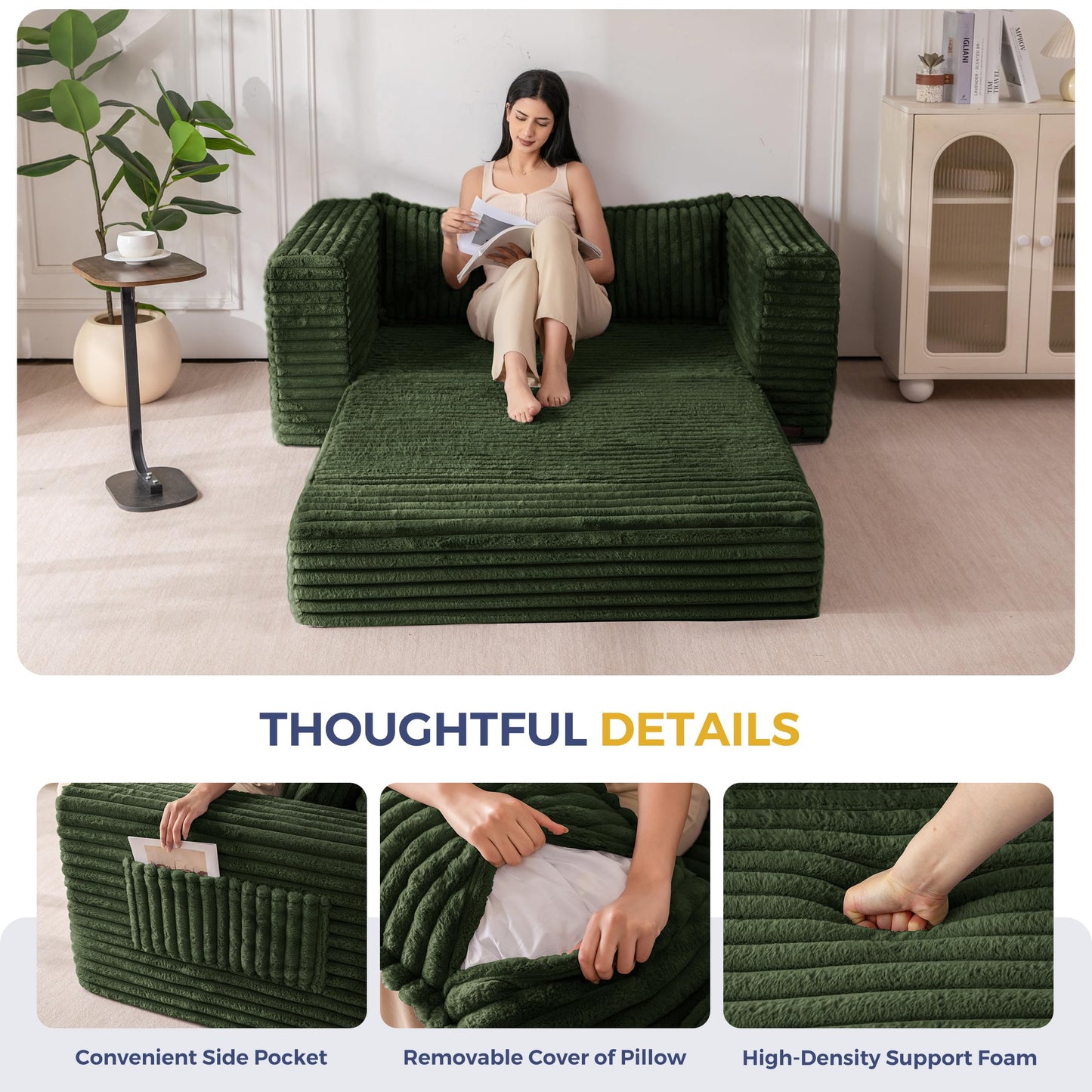 MAXYOYO Convertible Sofa Bed, 2 in 1 Folding Couch Bed for Small Space, Pull Out Loveseat Sofa Couch with Large Back Pillow, Plush Fabric Lounge Couch for Living Room, Apartment, Dark Green