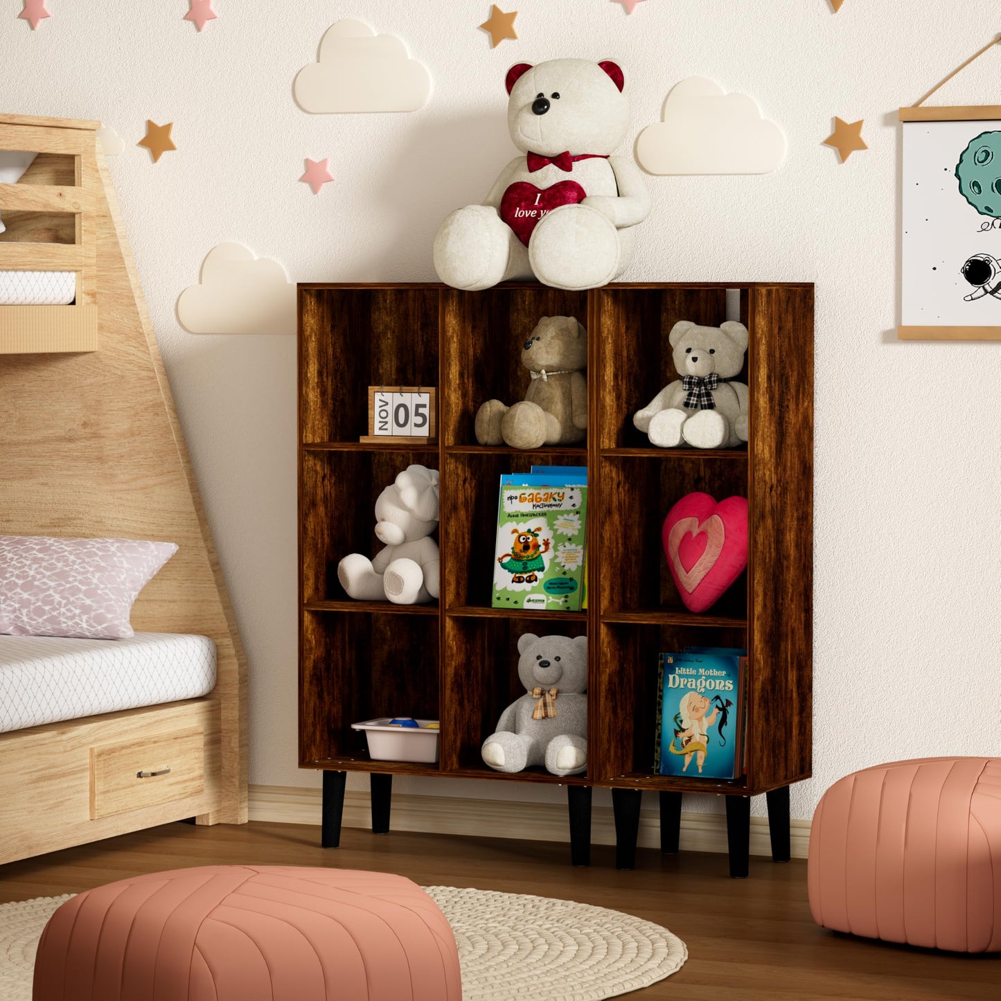 Nestwise 3 Cube Bookcase, Wooden Book Shelf Cube Storage Organizer with Legs, 3 Tier Bookshelf Freestanding Open Shelves for Bedroom, Living Room, Home Office (Brown, 3 Cube)