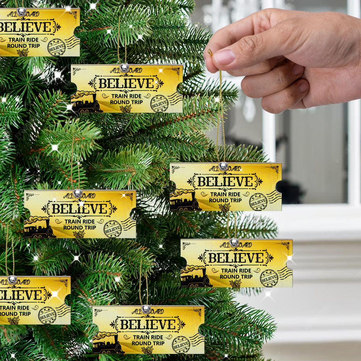 Mizelu 30 Set Christmas Polar Golden Wooden Tickets, North Pole Train Ticket Ornaments with Bells and Ropes, Christmas Believe Train Decoration for Xmas Holiday Party Favor Supplies (Golden)