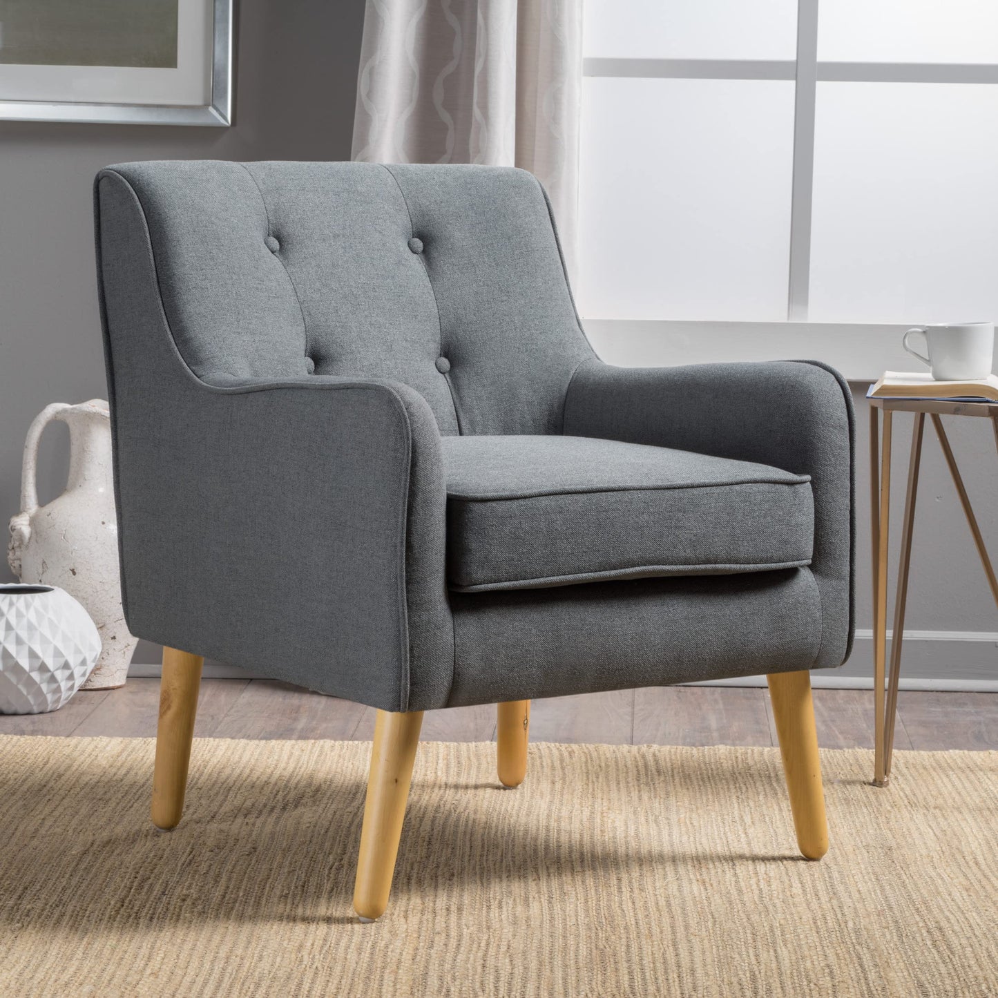 Christopher Knight Home Mariah Mid-Century Modern Loveseat (Grey) and Felicity Mid-Century Fabric Arm Chair (Charcoal)