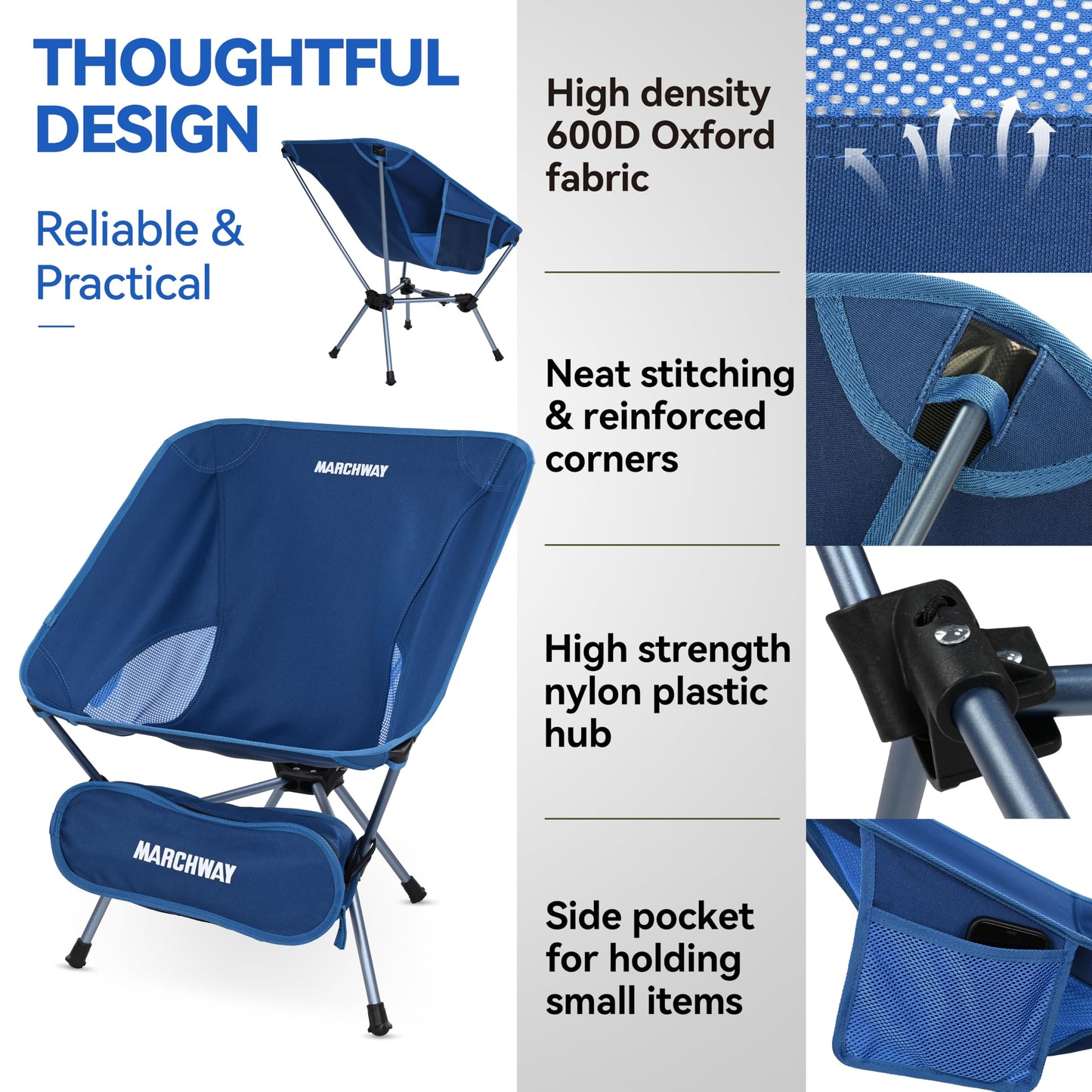MARCHWAY Lightweight Folding Camping Chair with Spring Lock, Stable Compact Portable for Outdoor Camp, Travel, Beach, Picnic, Festival, Hiking, Backpacking (Lowback Dark Blue)
