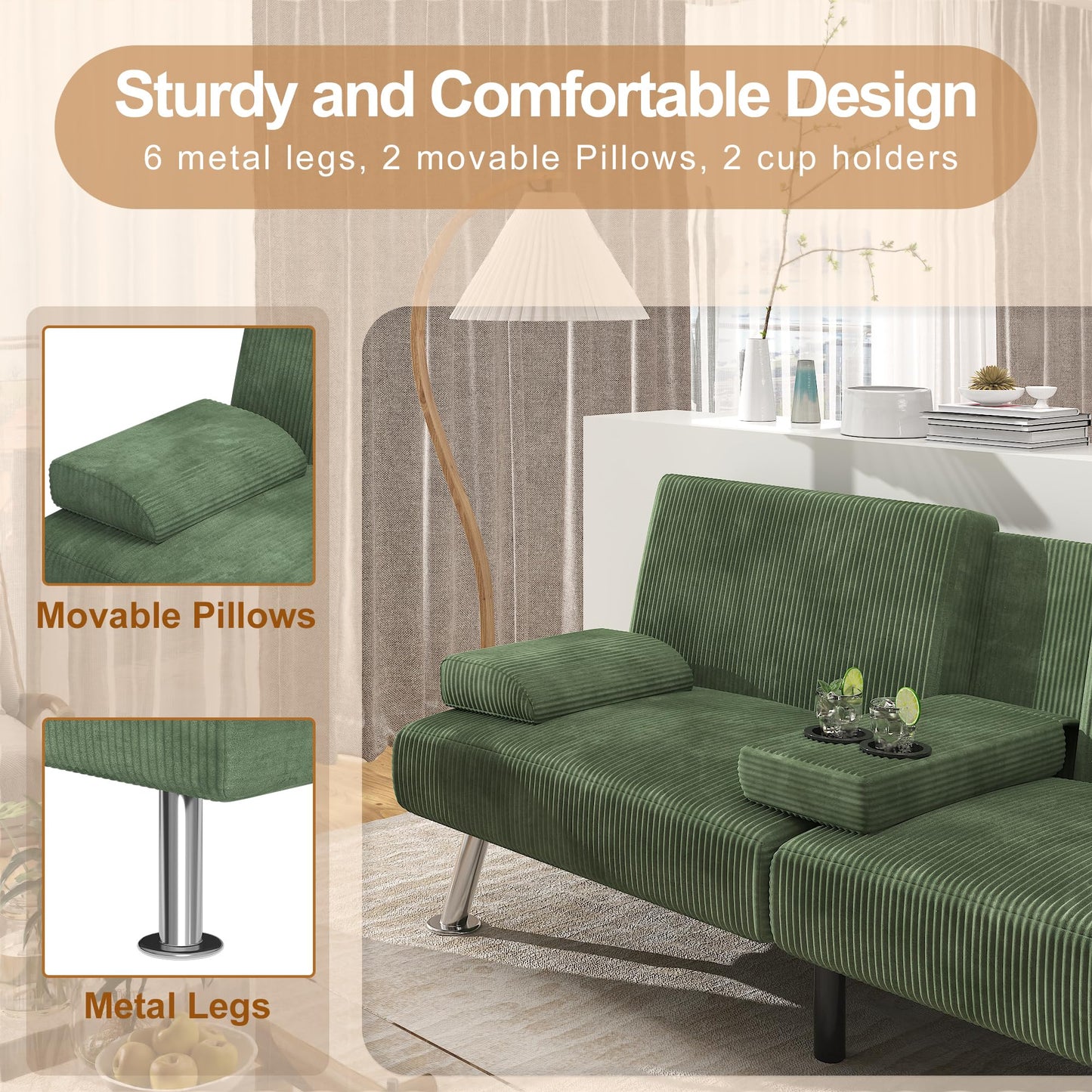 Shahoo Modern Upholstered Convertible Folding Futon Sofa Bed with Removable Armrests, Metal Legs, 2 Cup Holders for Living Room, Green