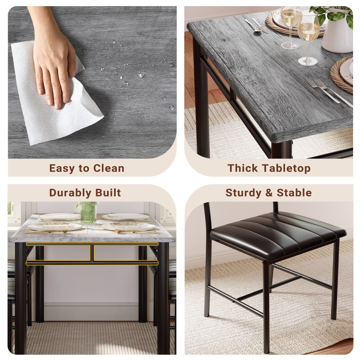 IRONCK Dining Table Set for 4, Wood Kitchen Table with Upholstered Chairs for Kitchen Room and Small Spaces, Grey