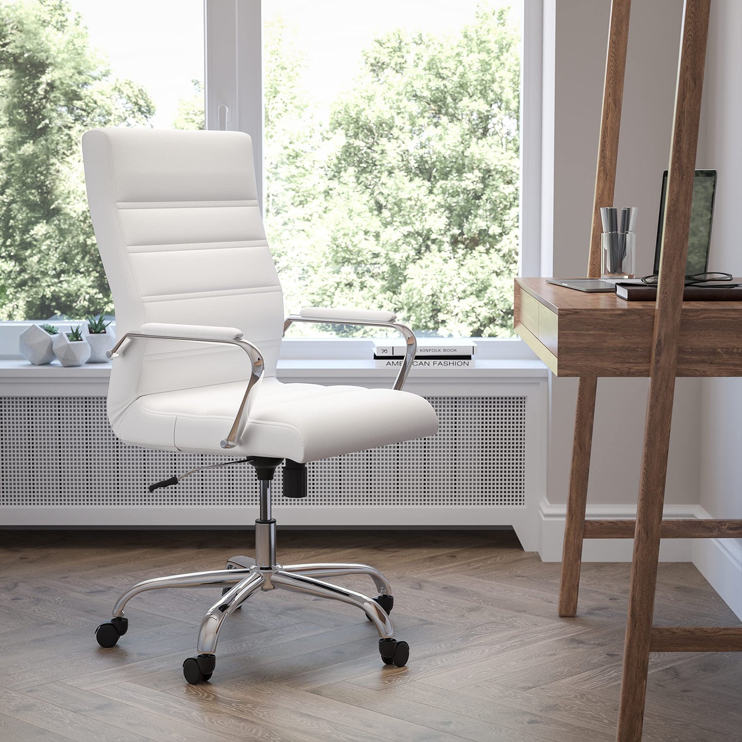 Flash Furniture Whitney High Back Desk Chair - White LeatherSoft Executive Swivel Office Chair with Chrome Frame & Alan Low Back Designer Armless White Ribbed Swivel Task Office Chair