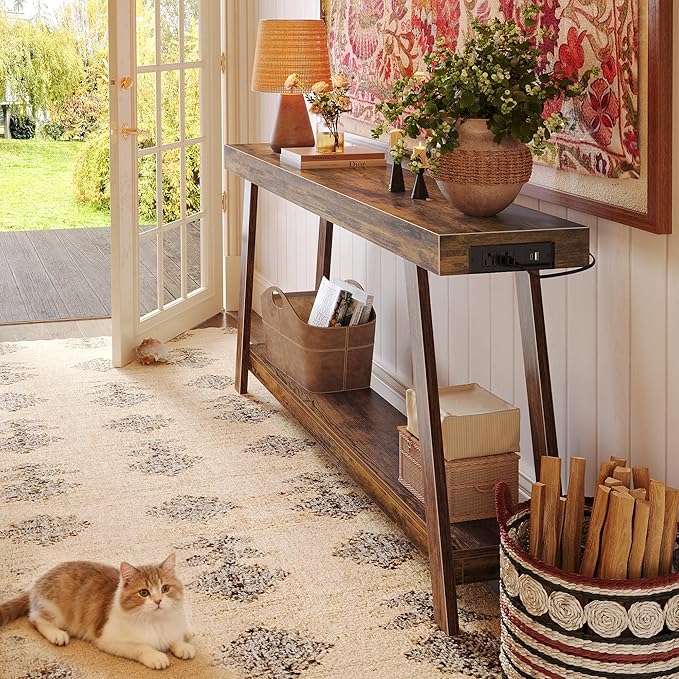 Huuger Console Table with Charging Station, USB-C Port, 2 Tiers Entryway Table