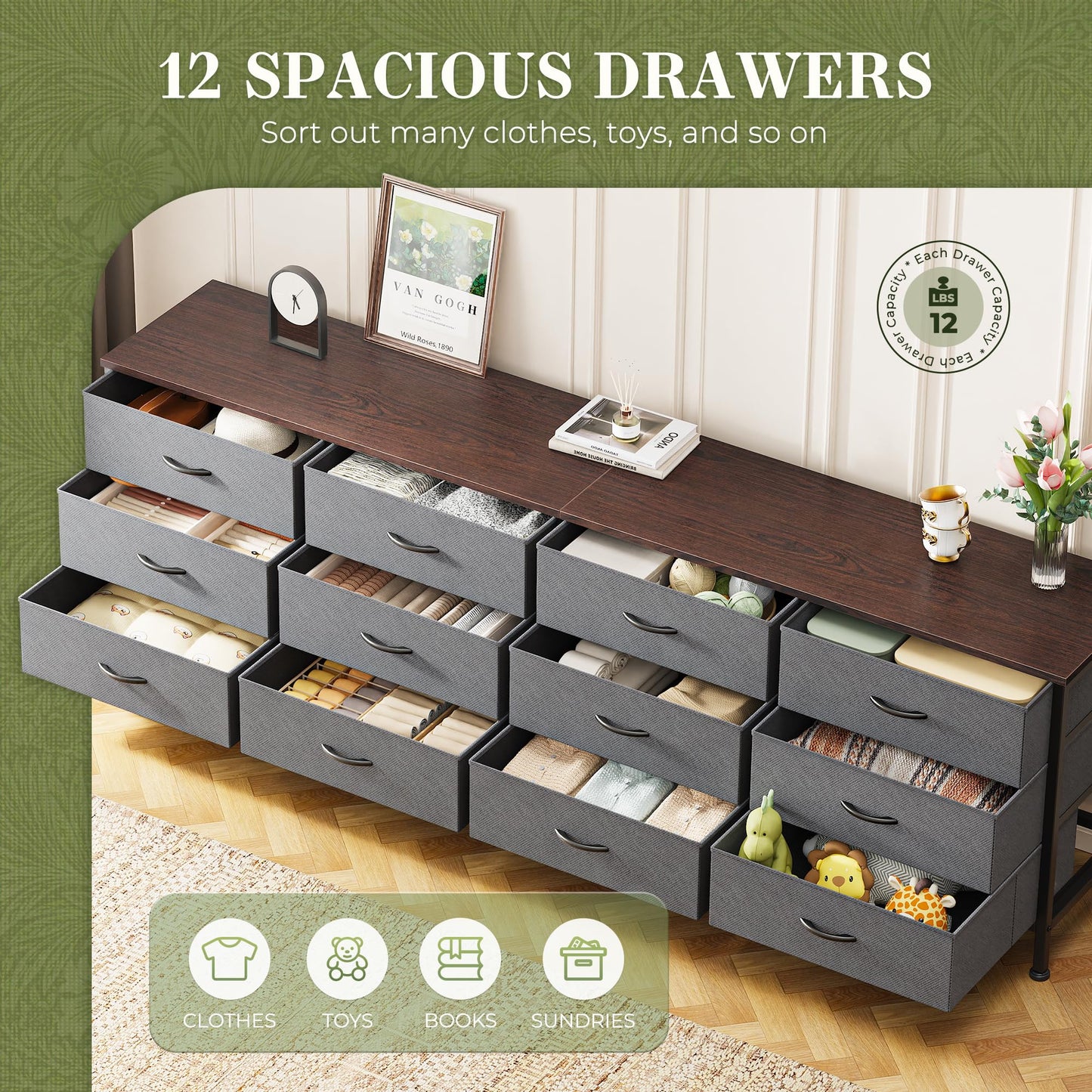 Huuger 70 Inch Dresser for Bedroom, TV Stand for 65, 75, 80 Inch TV, 12 Drawer Long Dresser, Large Storage Organizer Unit, Wide Chest of Drawer with Storage, Fabric Drawer for Living Room, Dark Grey