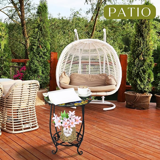 Cinnvoice Outdoor Side Table Round Small Mosaic Patio Accent Indoor End Plant