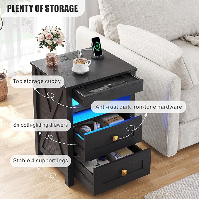 HWB LED Nightstand with Gun Drawer: Bedside Table with Charging Station