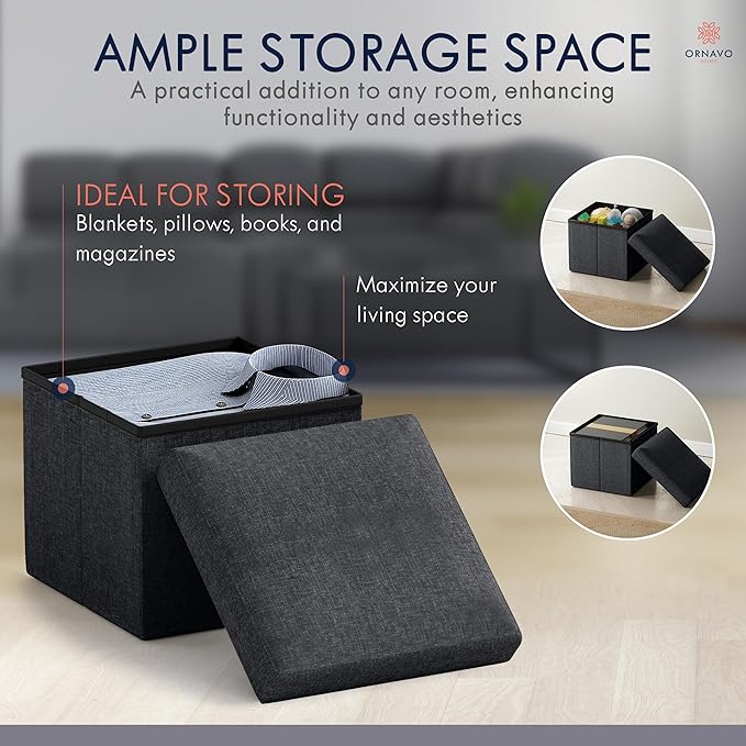 Ornavo Home Small Storage Ottoman Foldable Collapsible Cube Square Linen