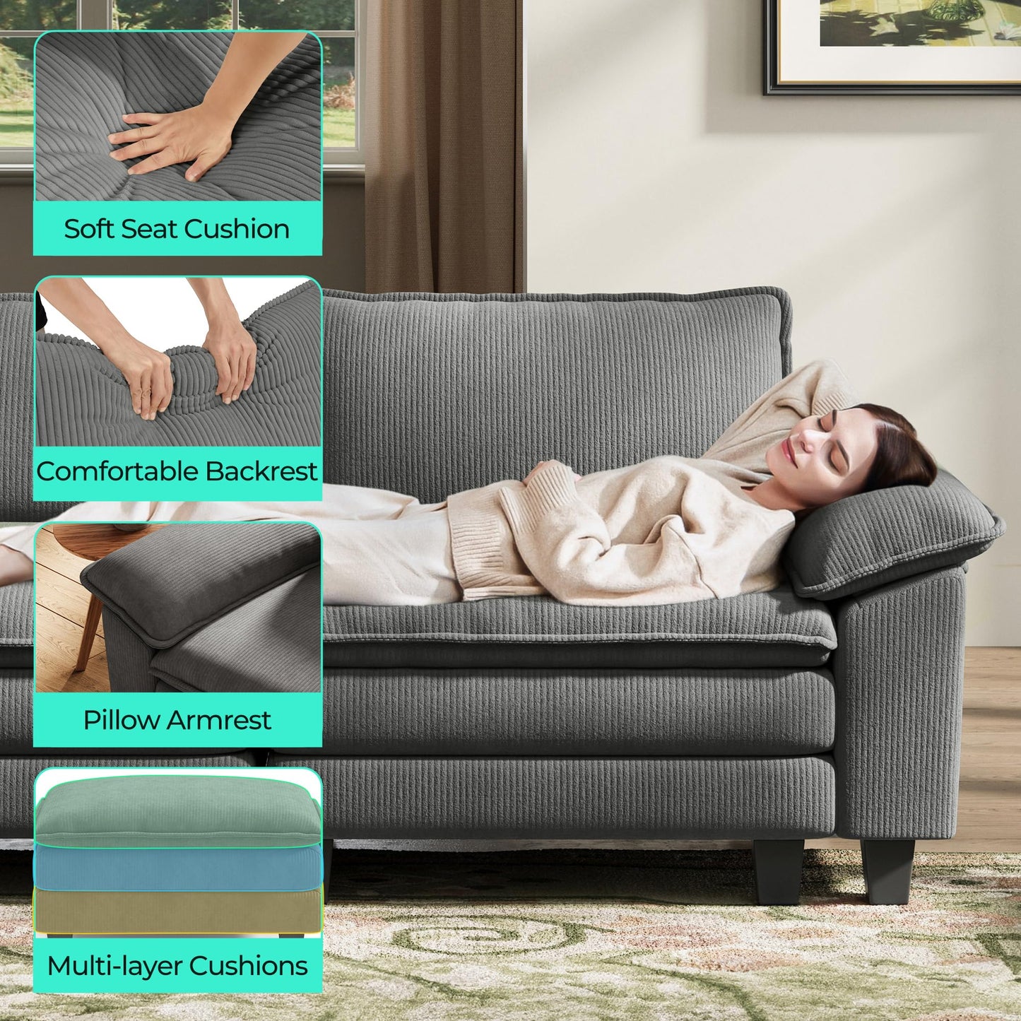 LINSY HOME 123" Modular L-Shaped Sectional Sofa, 3-Seat Corduroy Modern Cloud Couch with Deep Seat & 1 Movable Ottoman, Perfect for Living Room, Office, Bedroom, Grey