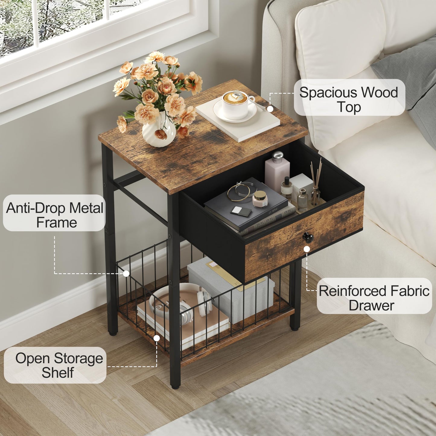 VAFEKOL End Tables Bedroom, Night Stand with Drawers, Industrial nightstand, Nightstand with Fabric Bins, Bedside Table End Table for Bedroom, Closet, Entryway, College Dorm, Rustic Brown LNT0061BR