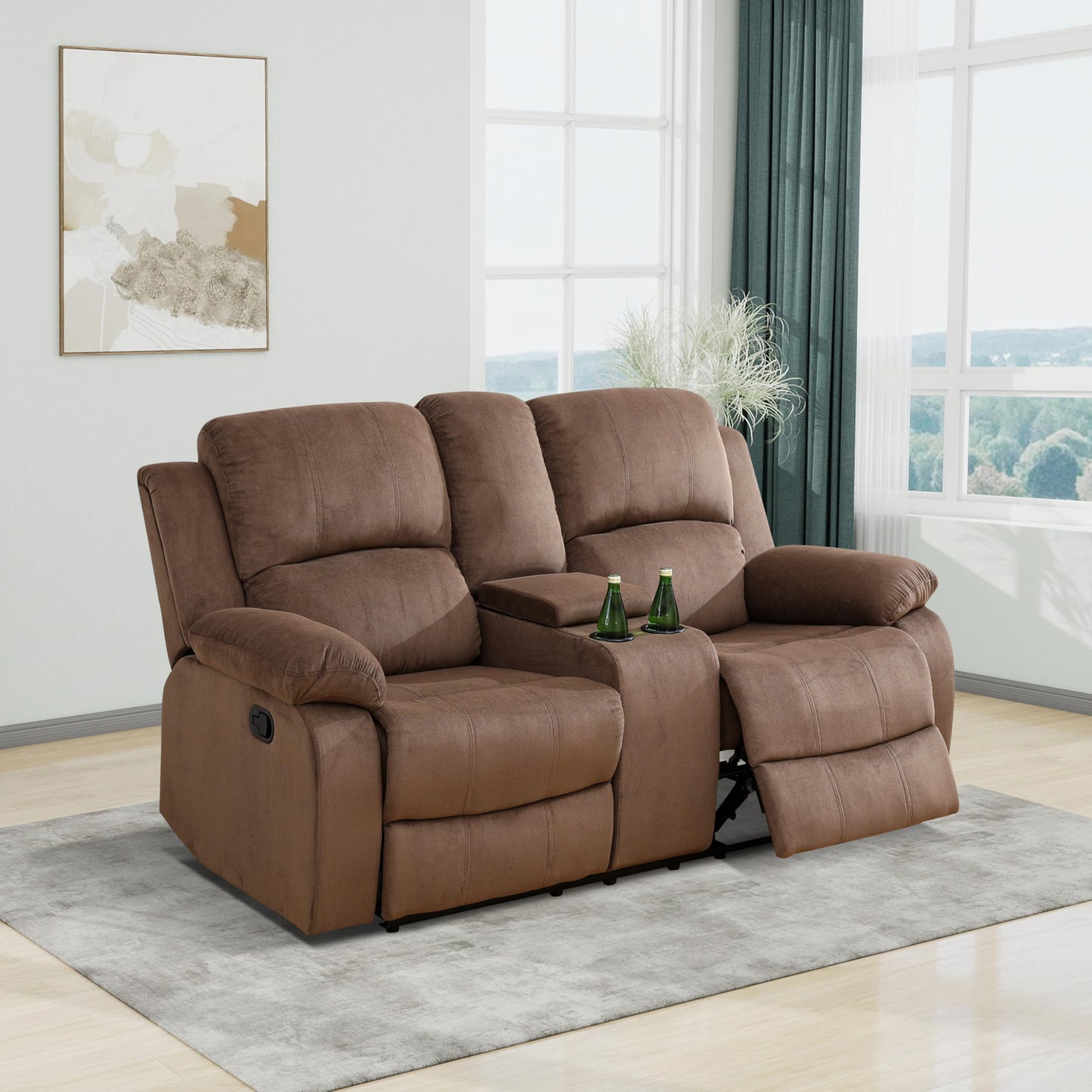 Manual Reclining Sofa Set, 3-Piece Brown Corduroy Recliner with Drop-Down Table & Storage Console, Cozy Living Room Furniture with Cup Holder for Home, Apartment