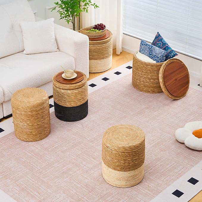 Wimarsbon Round Pouf Ottomans, Handwoven Natural Water Hyacinth Seagrass Pouffe