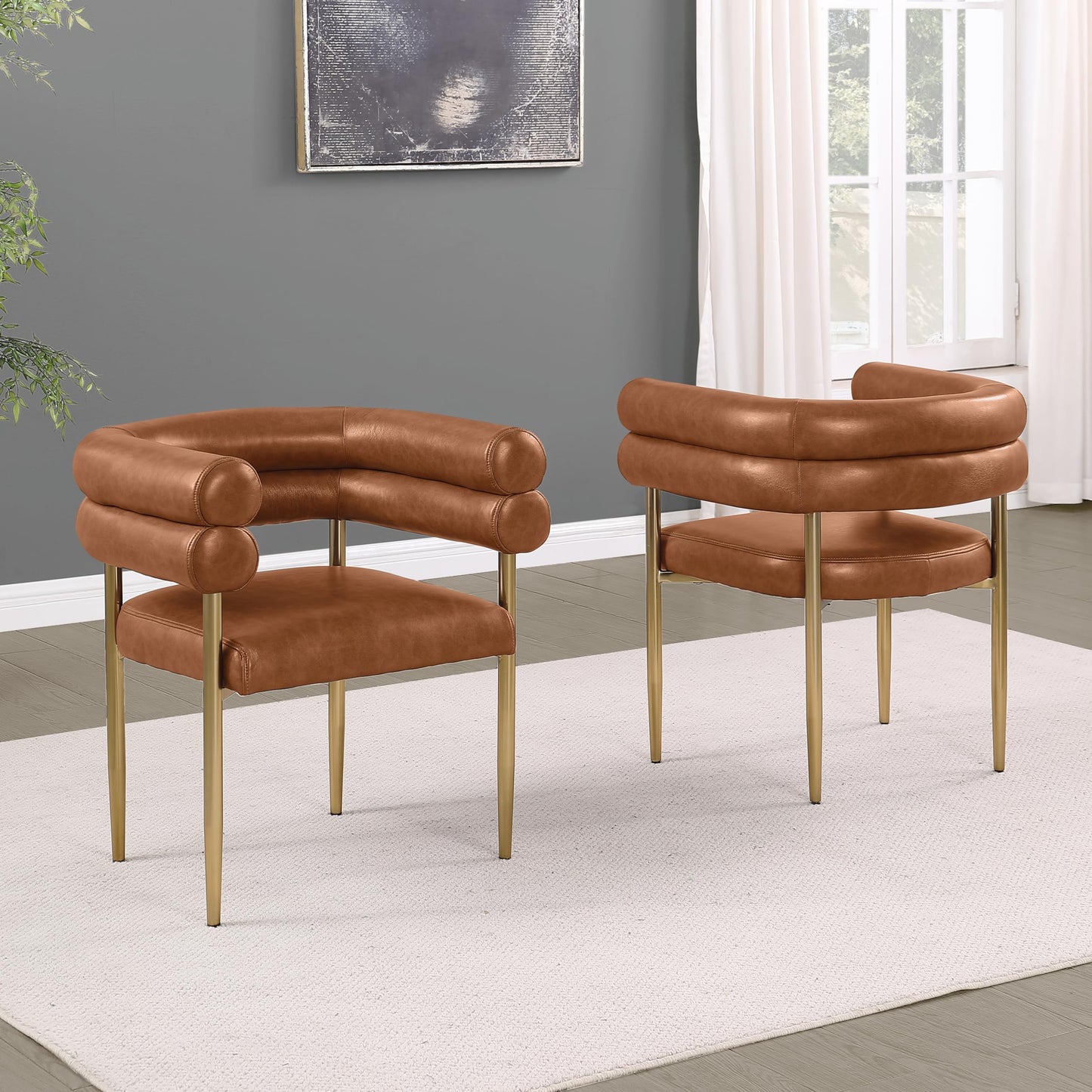 Modern Double Bolster Dining Chairs Set of 2, Leath-Aire Upholstered Tub Chairs with Gold Base, Mid-Century Accent Chairs for Dining Room, Living Room, & Office (Toffee/Gold)