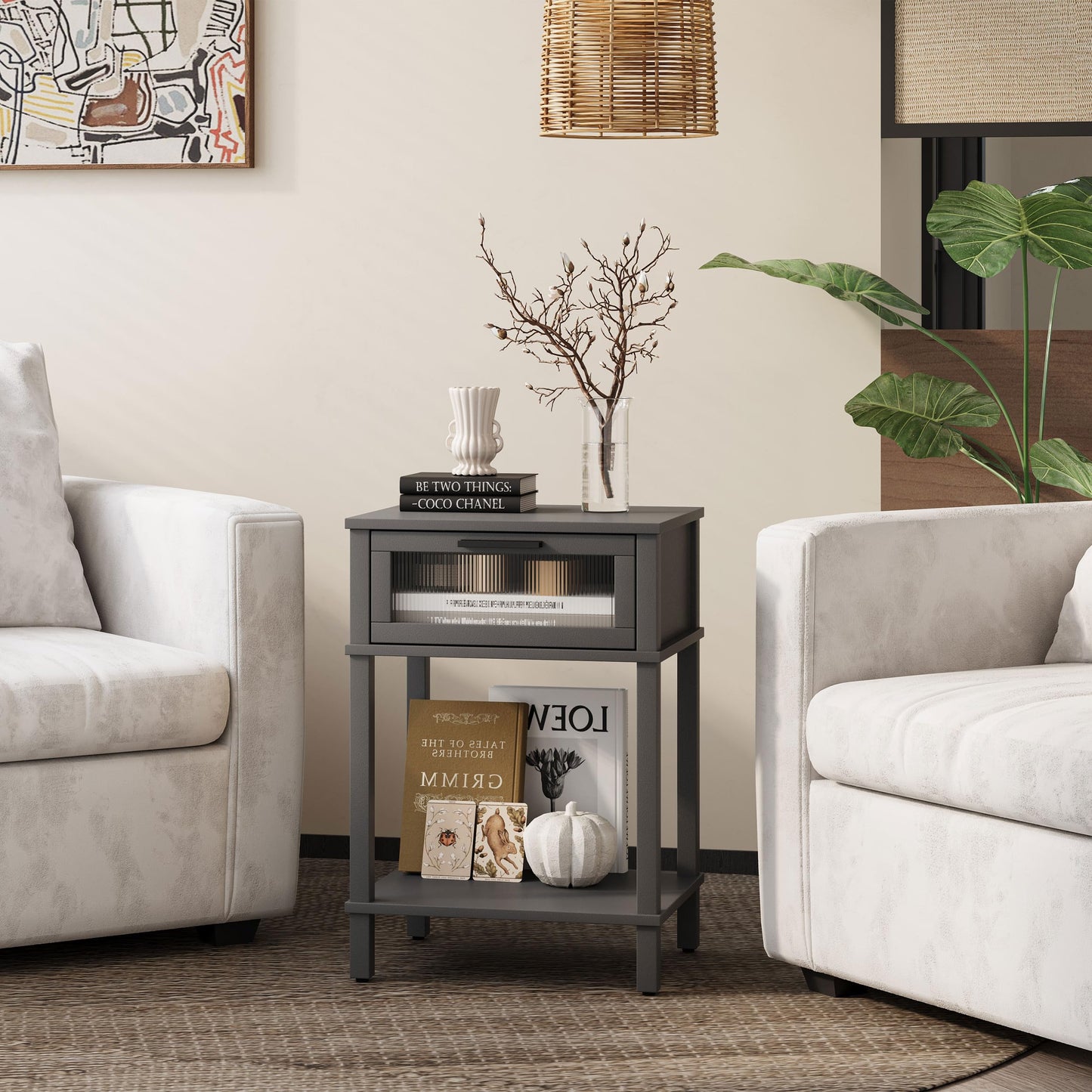 Nightstand Wooden Bedside Table with Drawer Grey Night Stands Modern Style Small End Table Side Table with Storage Shelf for Bedroom Living Room MLBZ10G